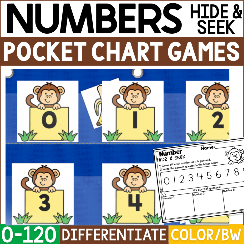 Monkeys and Bananas Numbers Hide & Seek pocket chart game featuring smiling monkey cards holding numerals 0–4, with a banana picture card hiding behind the numbered monkeys. The cover also shows a printable recording page for differentiated number recognition practice from 0–120 in color and black and white.