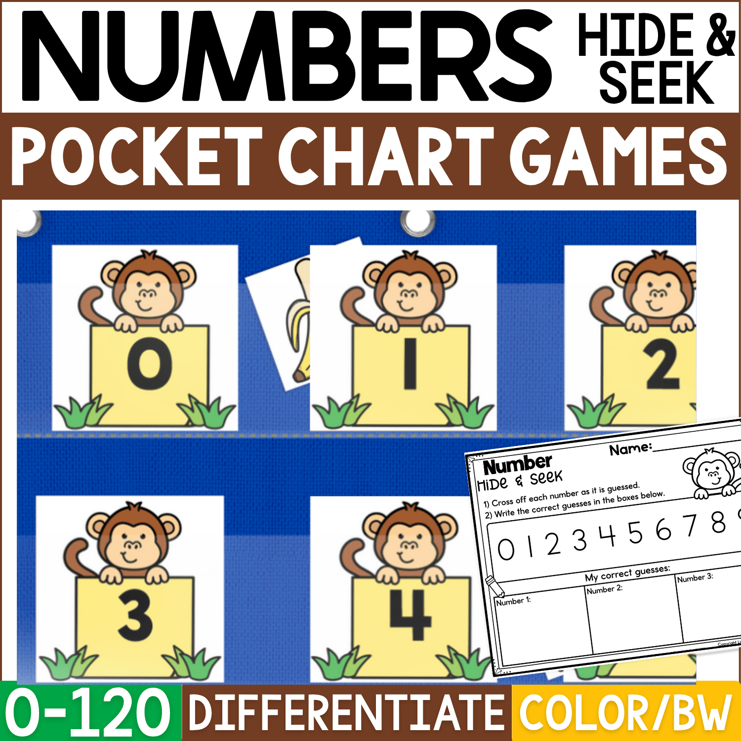 Monkeys and Bananas Numbers Hide & Seek pocket chart game featuring smiling monkey cards holding numerals 0–4, with a banana picture card hiding behind the numbered monkeys. The cover also shows a printable recording page for differentiated number recognition practice from 0–120 in color and black and white.