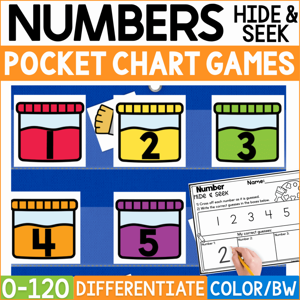 Paint Numbers Hide & Seek pocket chart game cover showing colorful paint jar cards numbered 1–5 in red, yellow, green, orange, and purple, with a paintbrush picture hidden behind the numbers. A printable recording sheet adds writing practice to this differentiated number recognition game for numbers 0–120.