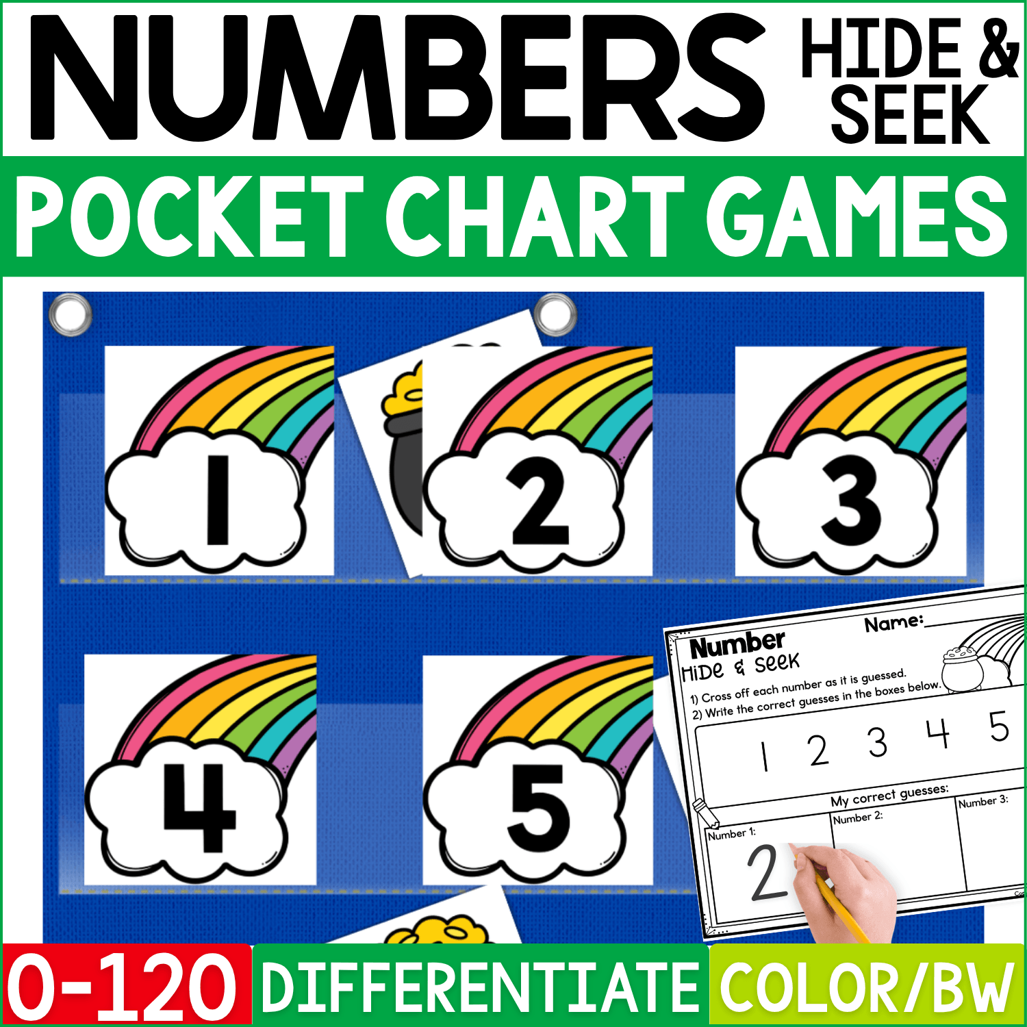 Rainbow Numbers Hide & Seek pocket chart game cover showing rainbow and cloud cards numbered 1–5, with a pot of gold picture hiding behind the numbered rainbows. A printable Number Hide & Seek recording sheet supports differentiated numeral recognition and writing practice with numbers 0–120.