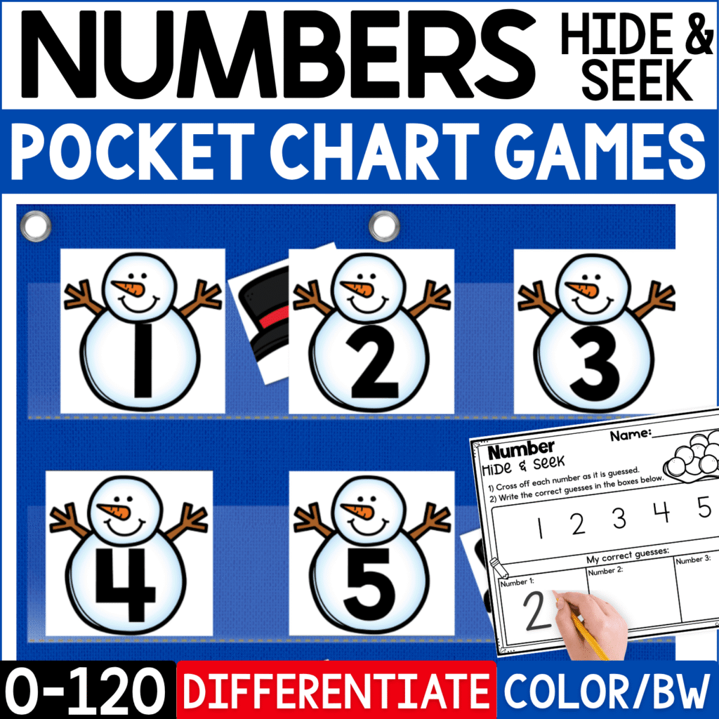 Snowman Numbers Hide & Seek pocket chart game featuring smiling snowman cards numbered 1–5, with a black top hat picture hidden behind the snowmen and a winter-themed number recording page. The differentiated winter math activity includes numbers 0–120 in color and black-and-white formats for number recognition practice.
