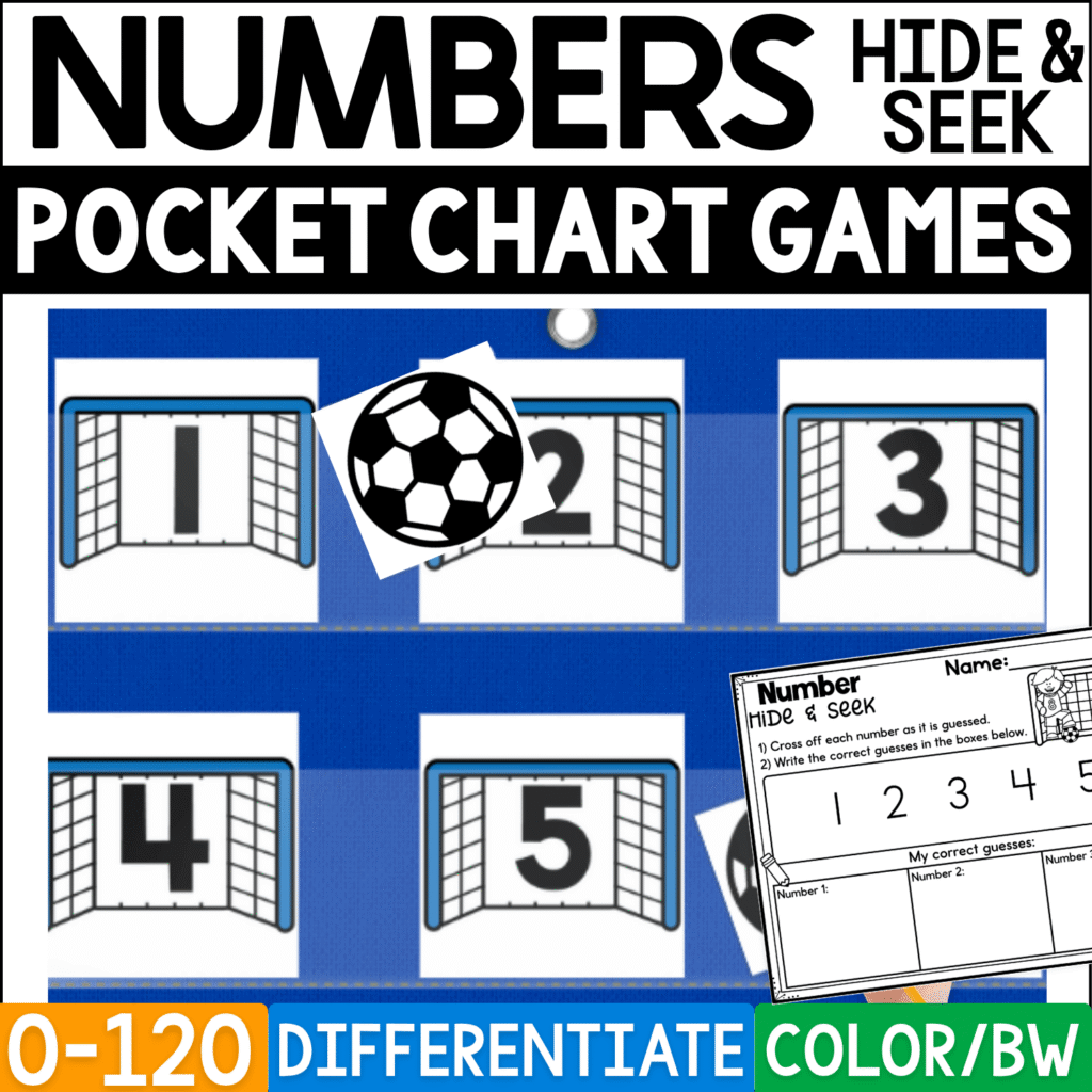 Soccer Numbers Hide and Seek pocket chart game cover featuring soccer goal number cards 1–5 displayed in a blue pocket chart with soccer ball picture cards hidden behind selected numbers. This differentiated soccer math activity practices number recognition from 0–120 and includes recording pages plus color and black-and-white formats.