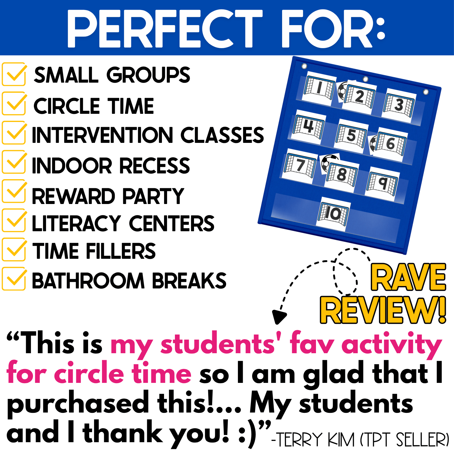 Soccer-themed Numbers Hide and Seek pocket chart game featuring soccer goal number cards 1–10 with soccer ball picture cards hidden behind selected numbers. This interactive number recognition activity is highlighted for small groups, circle time, intervention classes, indoor recess, reward parties, literacy centers, time fillers, and classroom breaks.