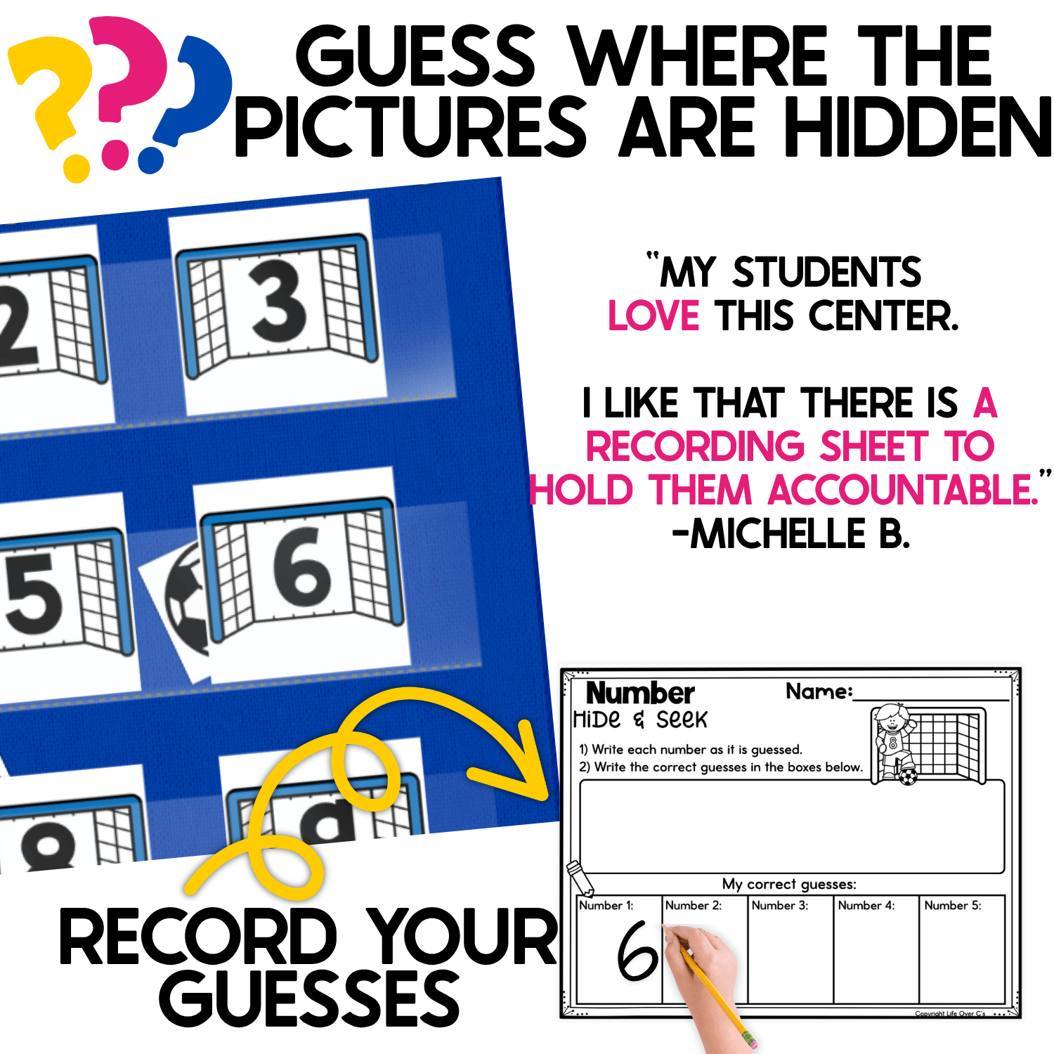 Soccer-themed Number Hide and Seek pocket chart activity showing numbered soccer goals with soccer ball pictures tucked behind selected cards. Students guess where the soccer balls are hiding, identify each numeral, and use the included soccer recording sheet to write guesses and record the correct numbers they find.