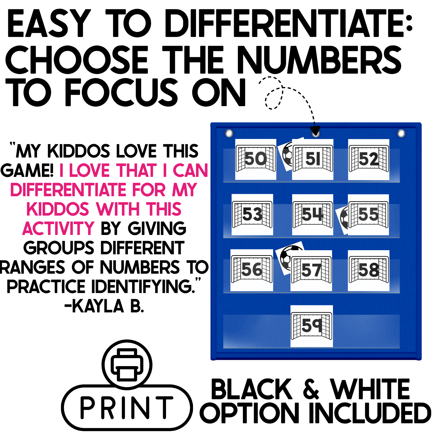 Differentiated Soccer Number Hide and Seek activity showing black-and-white soccer goal cards numbered 50–59 in a blue pocket chart with soccer ball picture cards hidden behind selected numbers. Teachers can choose the exact number range students need to practice for targeted number recognition review, with a black-and-white printing option included.