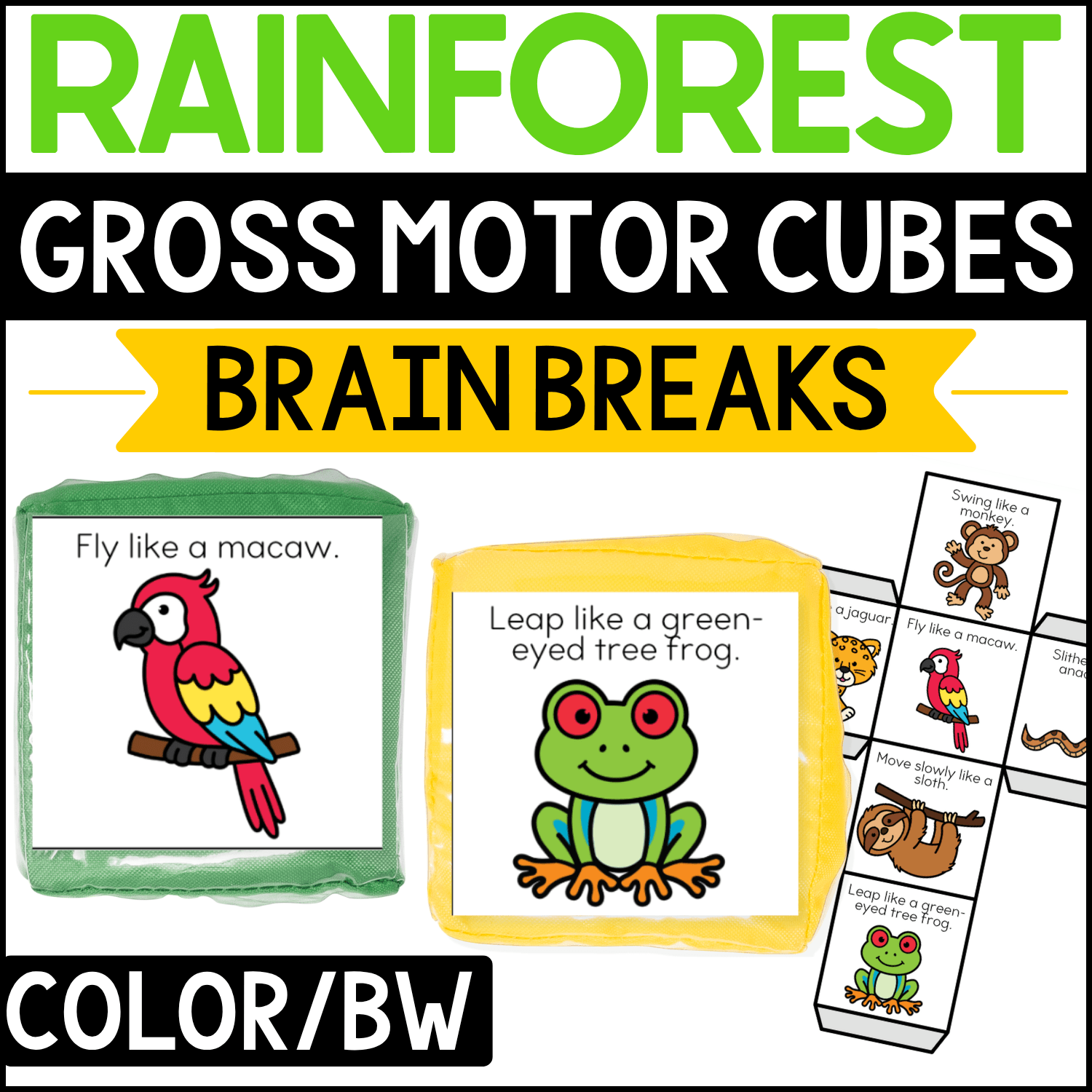 Rainforest gross motor brain break cubes featuring animal movement prompts such as “Fly like a macaw” and “Leap like a green-eyed tree frog.” Bright macaw, frog, monkey, jaguar, sloth, and other rainforest animal illustrations support preschool and kindergarten jungle themes, animal movement, brain breaks, and gross motor play.