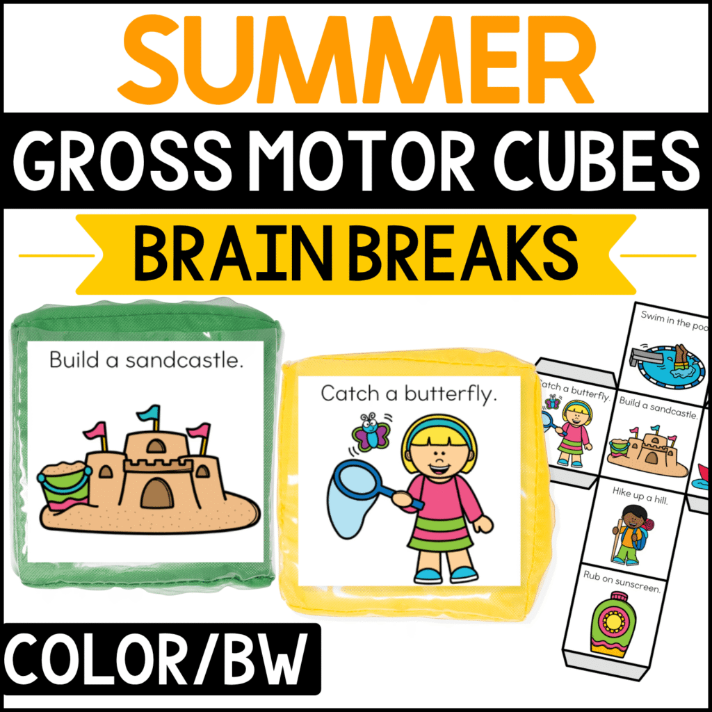 Summer gross motor brain break cubes featuring warm-weather movement prompts such as “Build a sandcastle” and “Catch a butterfly.” Sandcastle, butterfly net, swimming pool, hiking, sunscreen, and outdoor summer illustrations make this preschool and kindergarten movement activity engaging for summer brain breaks and gross motor play.