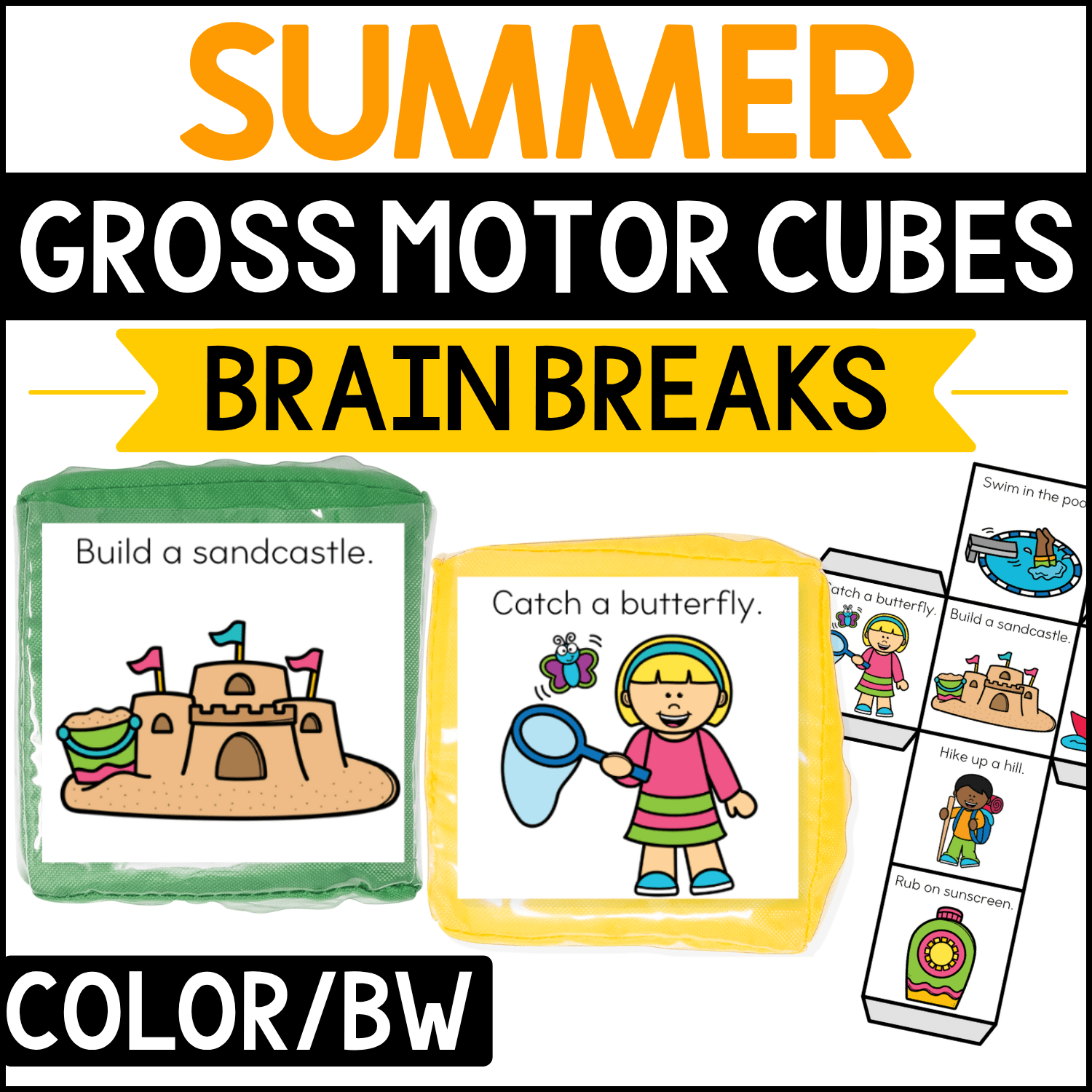 Summer gross motor brain break cubes featuring warm-weather movement prompts such as “Build a sandcastle” and “Catch a butterfly.” Sandcastle, butterfly net, swimming pool, hiking, sunscreen, and outdoor summer illustrations make this preschool and kindergarten movement activity engaging for summer brain breaks and gross motor play.