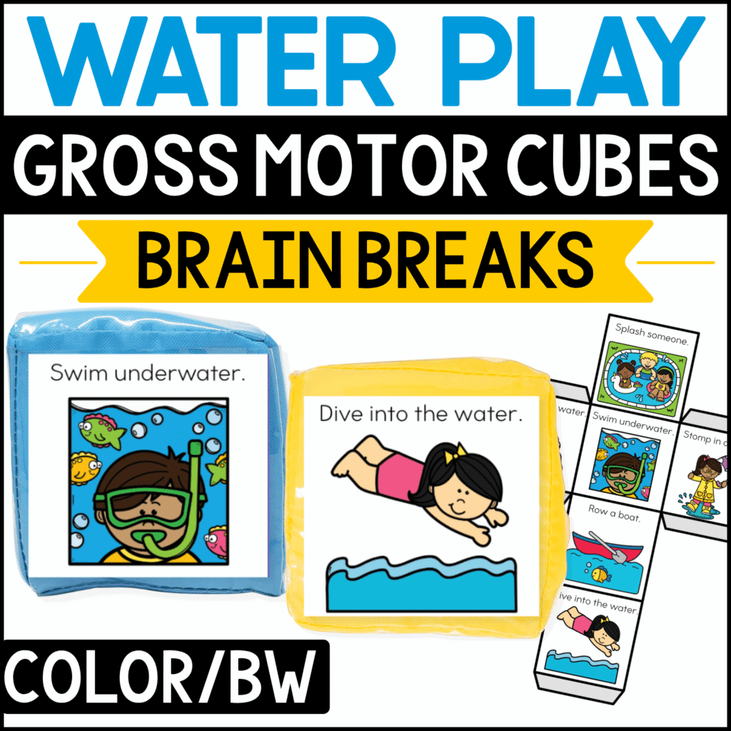 Water play gross motor brain break cubes featuring summer movement prompts such as “Swim underwater” and “Dive into the water.” Swimming, splashing, boating, water play, and pool-themed illustrations encourage active preschool and kindergarten brain breaks, summer gross motor play, and water-themed movement activities.
