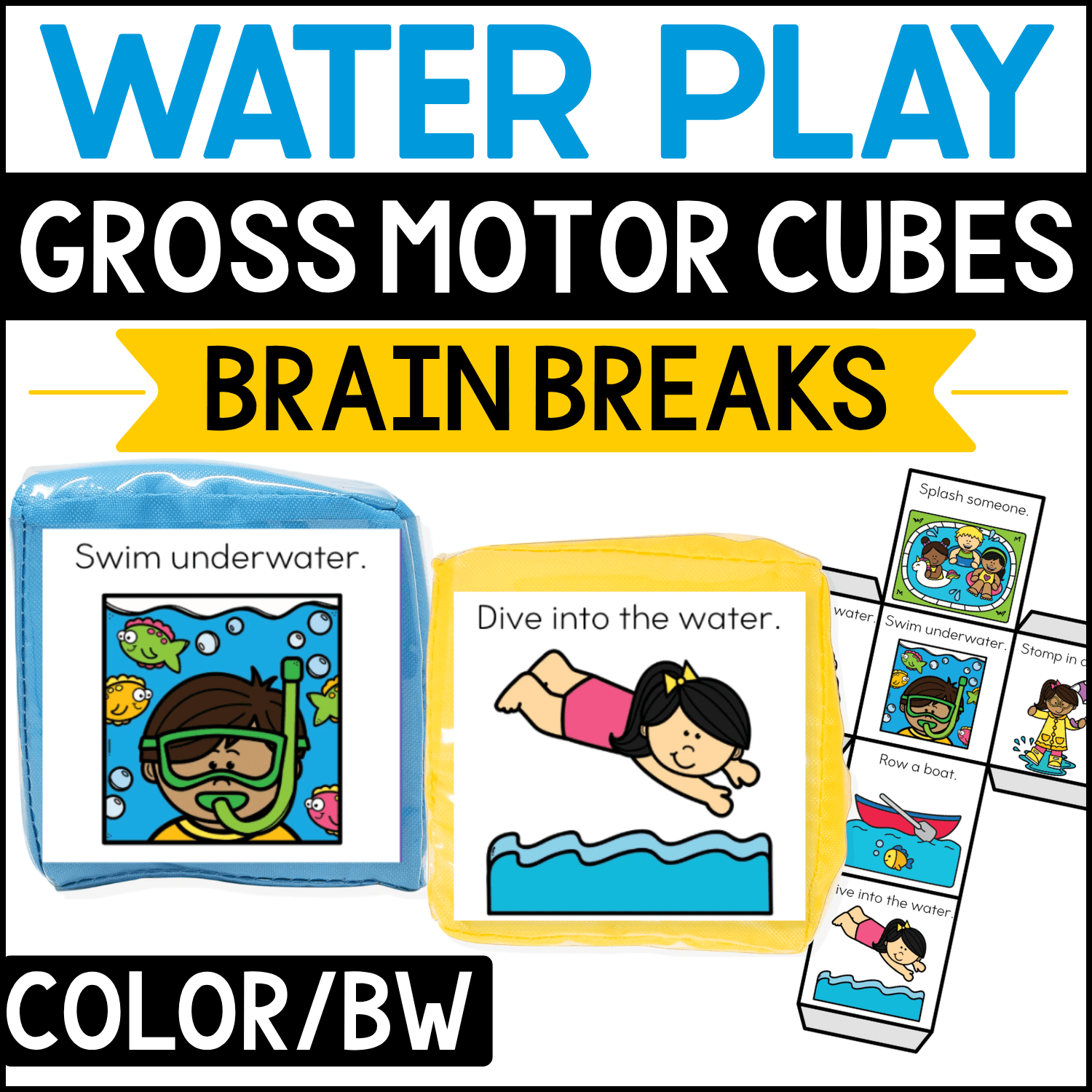 Water play gross motor brain break cubes featuring summer movement prompts such as “Swim underwater” and “Dive into the water.” Swimming, splashing, boating, water play, and pool-themed illustrations encourage active preschool and kindergarten brain breaks, summer gross motor play, and water-themed movement activities.