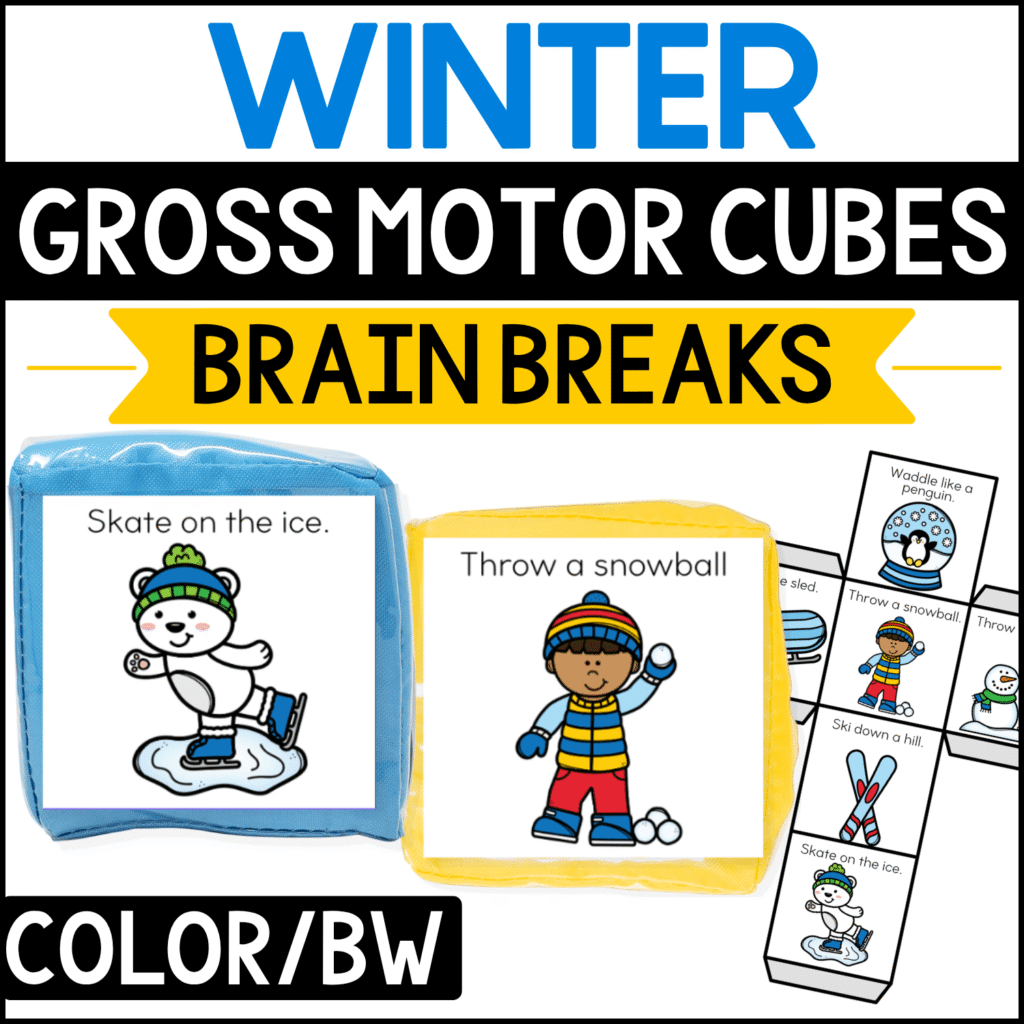 Winter gross motor brain break cubes featuring seasonal movement prompts such as “Skate on the ice” and “Throw a snowball.” Snowman, child throwing a snowball, skis, penguin, and other winter illustrations encourage preschool and kindergarten children to move during winter brain breaks and gross motor activities.