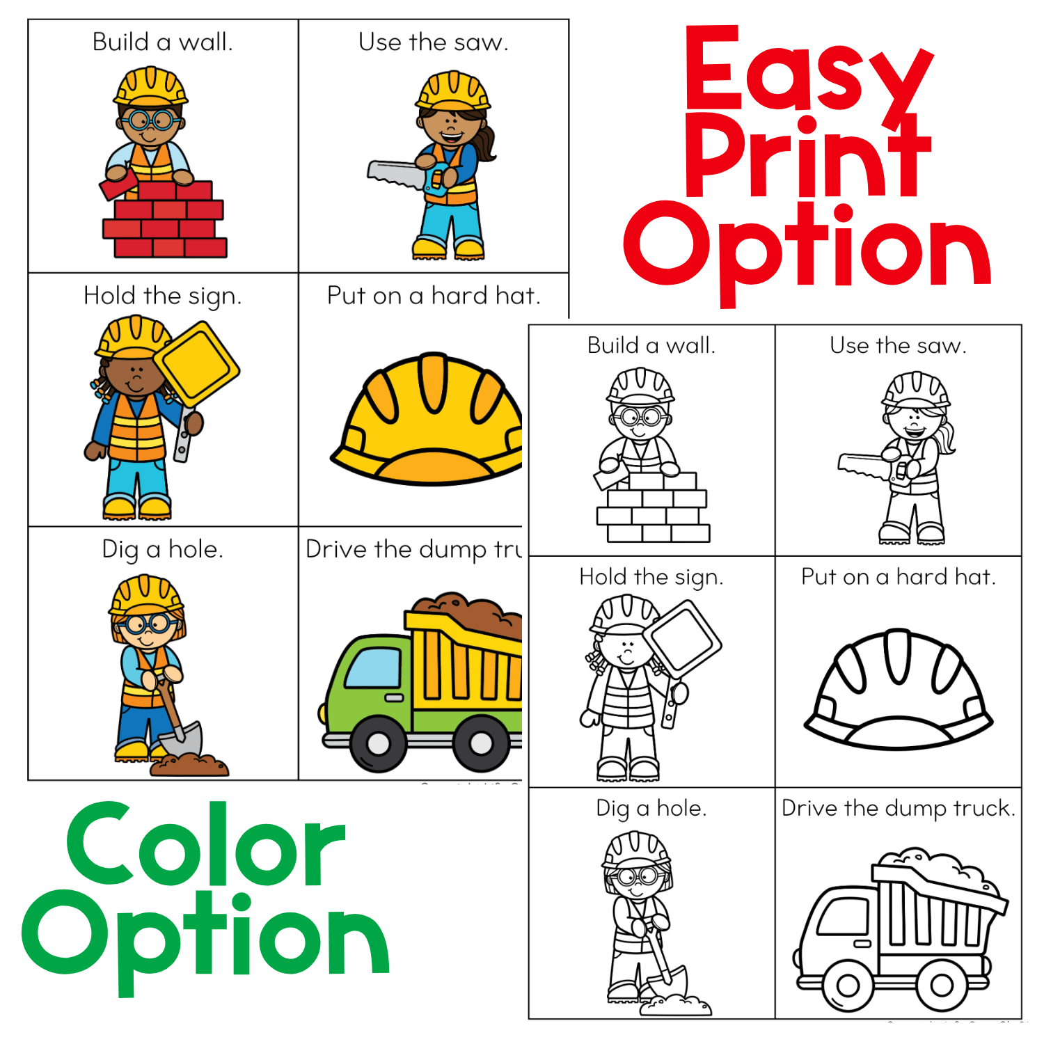 Black-and-white DIY construction movement cube with six printable gross motor prompts for active classroom brain breaks, including digging, building a wall, holding a sign, using a saw, putting on a hard hat, and driving a dump truck. Green and blue fabric cubes demonstrate the differentiated activity format with large “Put on a hard hat” and “Hold the sign” picture cards.