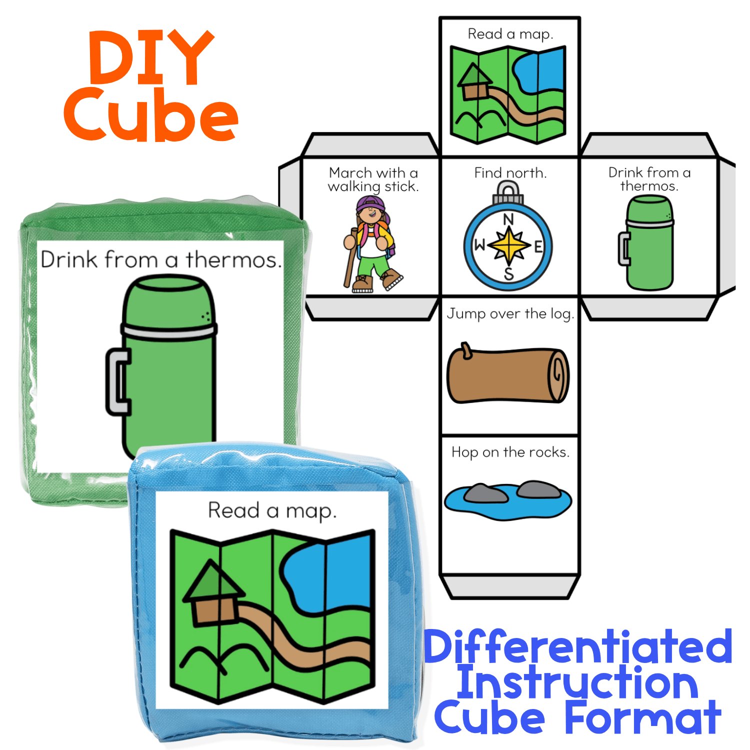 DIY hiking brain break cube activity featuring a green movement cube with “Drink from a thermos” and a blue cube with “Read a map.” A full-color printable cube template includes six hiking-themed gross motor and pretend-play prompts: march with a walking stick, read a map, find north, drink from a thermos, jump over a log, and hop on rocks. The differentiated cube format gives preschool and kindergarten students an active way to practice listening, following directions, body movement, and outdoor vocabulary.
