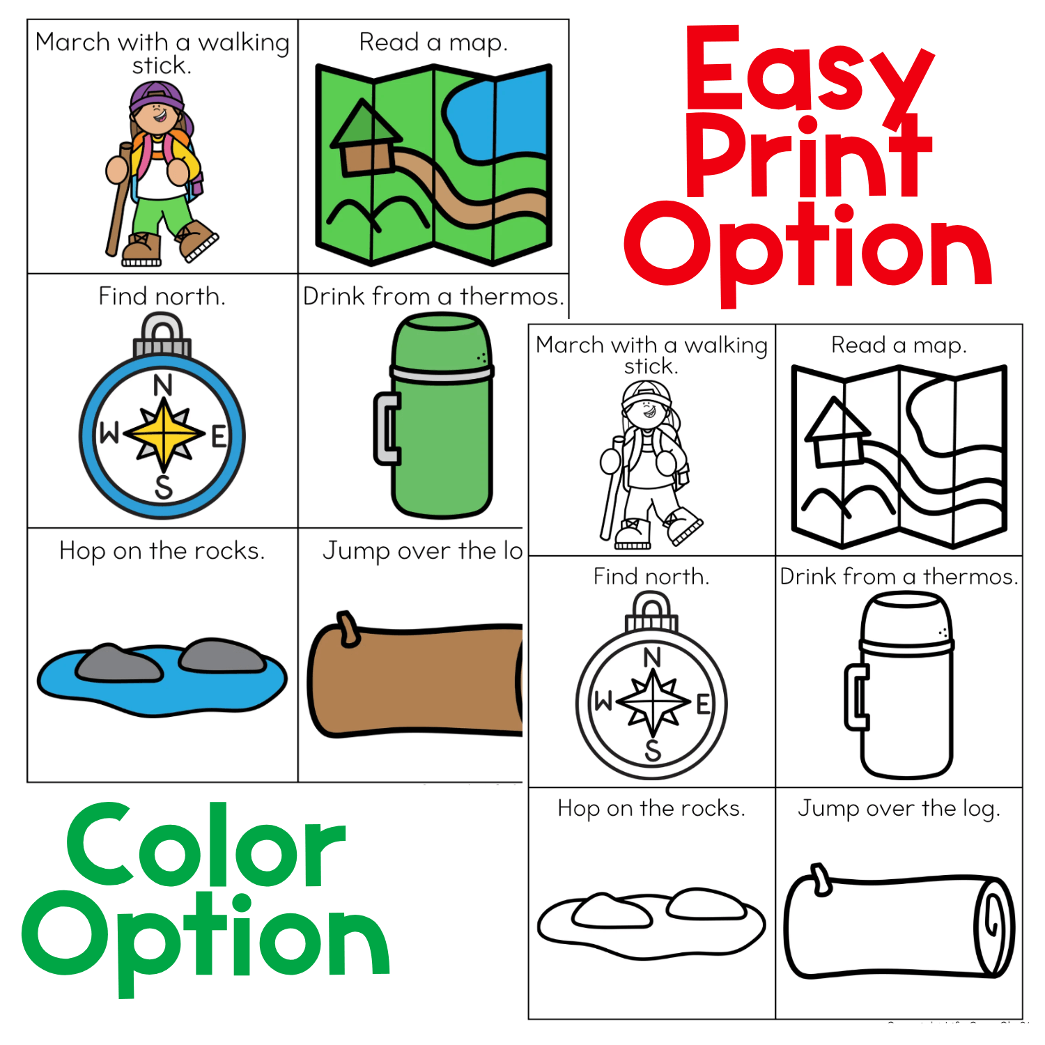 Hiking movement cards shown in full-color and easy-print black-and-white formats for preschool and kindergarten brain breaks. Six illustrated prompts invite kids to march with a walking stick, read a map, find north with a compass, drink from a thermos, hop on rocks, and jump over a log. These printable hiking gross motor activities combine whole-body movement, following directions, imaginative play, and camping vocabulary for classroom movement breaks or gross motor centers.
