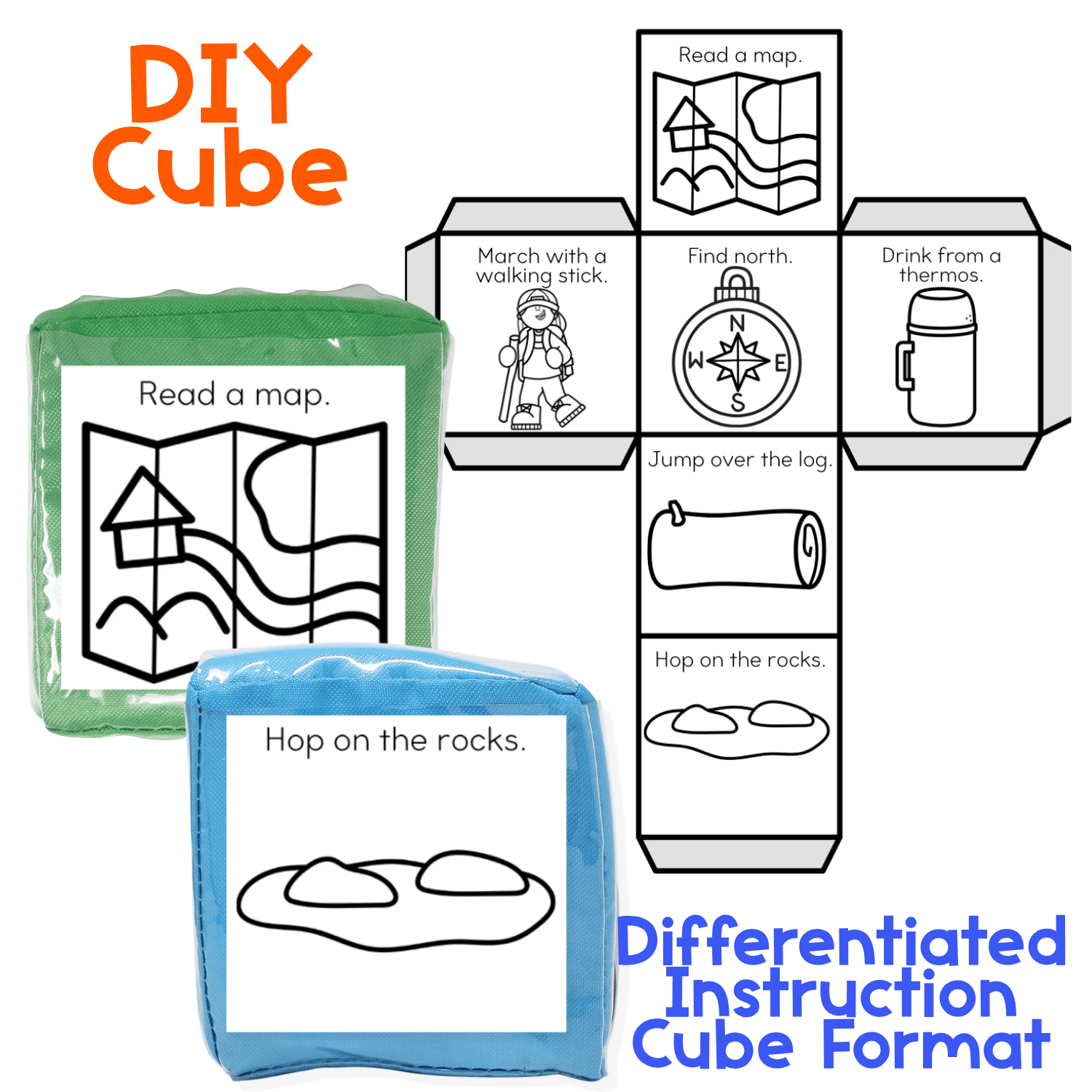 Black-and-white DIY hiking movement cube designed for low-ink classroom printing and differentiated gross motor practice. A green fabric cube displays the “Read a map” prompt while a blue cube shows “Hop on the rocks,” alongside a printable cube template with hiking actions including marching with a walking stick, finding north, drinking from a thermos, jumping over a log, and hopping across rocks. This hiking brain break option gives preschool and kindergarten kids simple visual prompts for active movement, motor planning, and following directions.