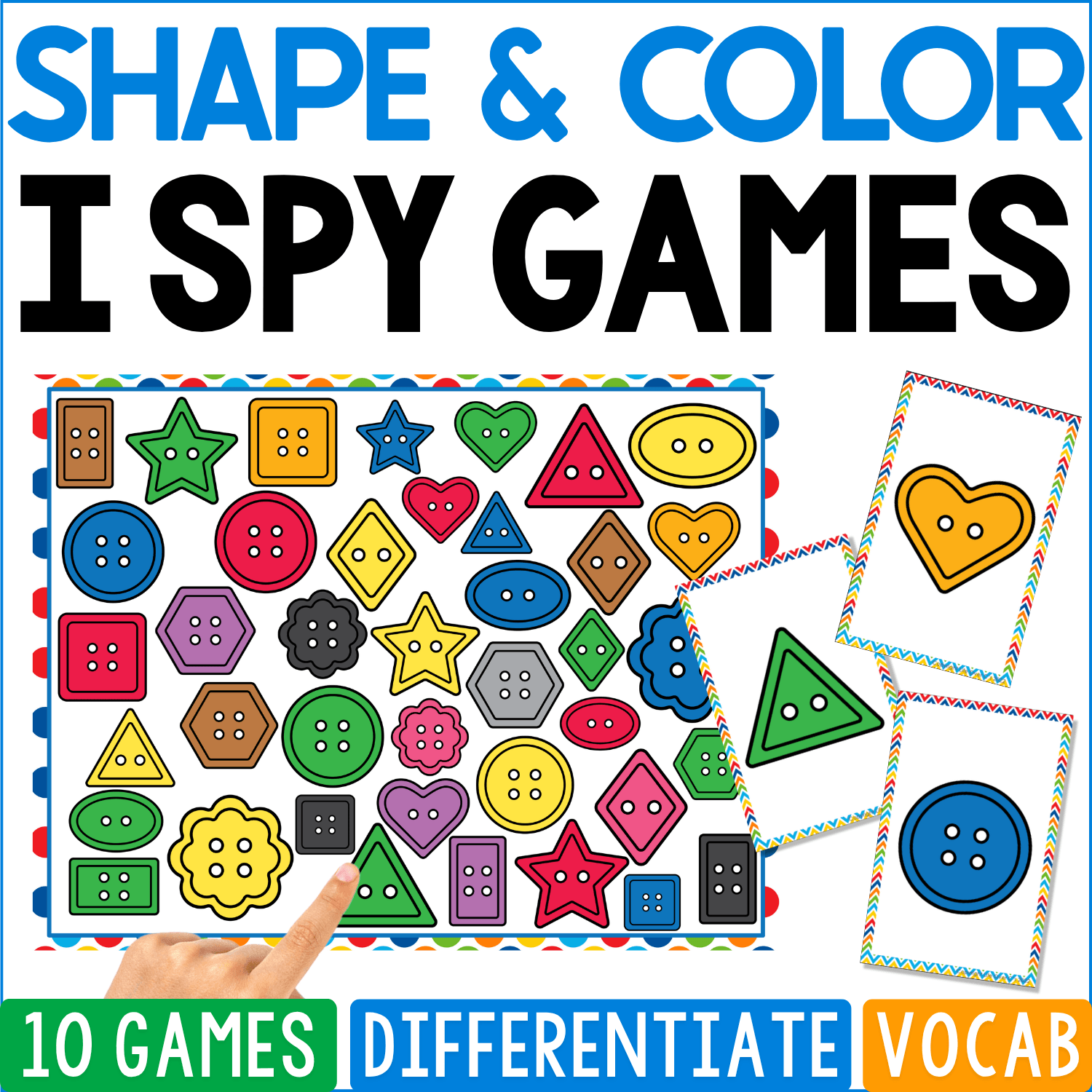 Shape & Color I Spy Games cover with a densely packed board of colorful button graphics shaped like stars, hearts, flowers, diamonds, triangles, circles, squares, and rectangles, plus heart, triangle, and blue circle matching cards.