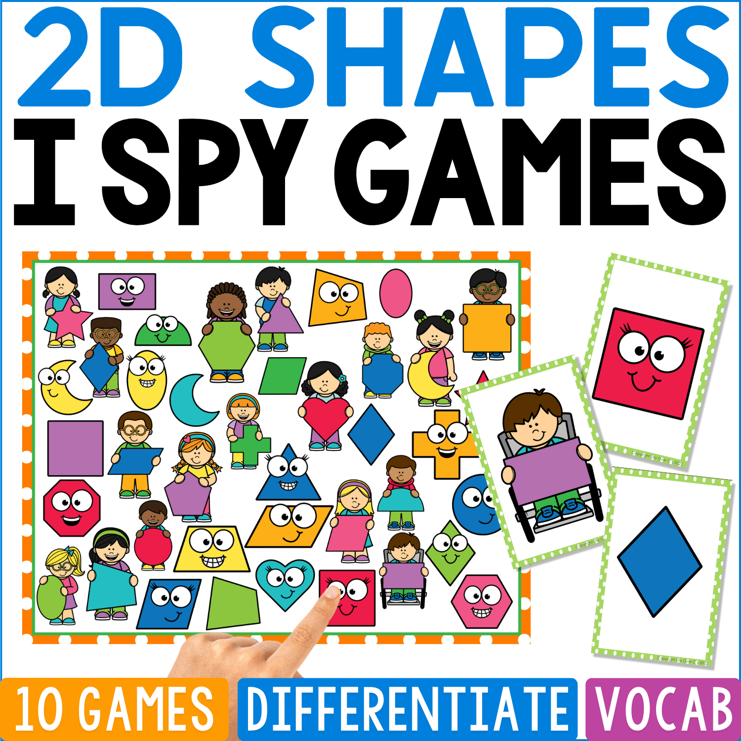 2D Shapes I Spy Games printable showing children and silly shape characters mixed throughout a search board of rectangles, diamonds, ovals, circles, triangles, hearts, and squares, with separate rectangle and diamond clue cards.