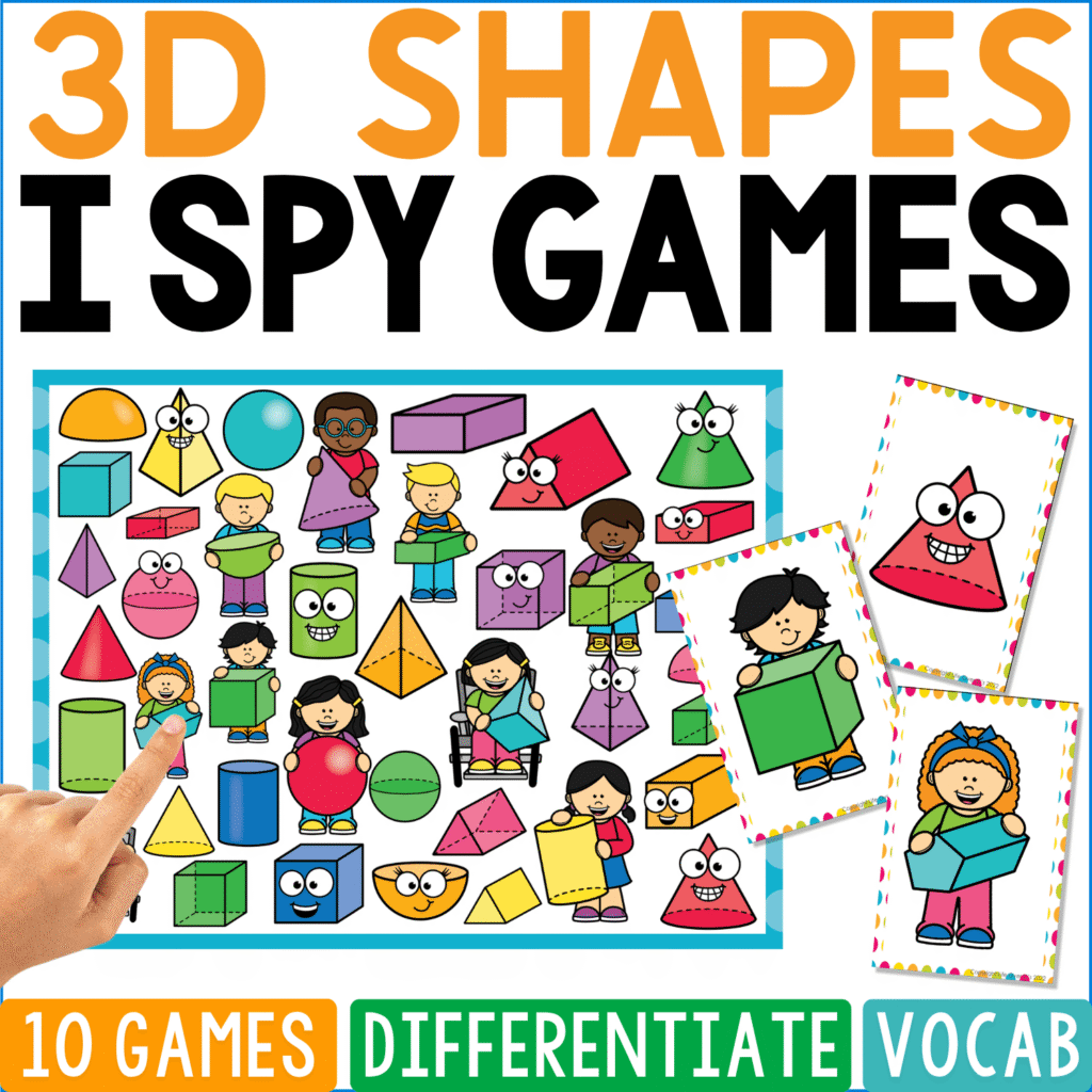 3D Shapes I Spy Games cover where cubes, cylinders, cones, pyramids, spheres, and rectangular prisms appear as colorful solids and character bodies, with a cone monster and a child holding a cylinder featured on the game cards.