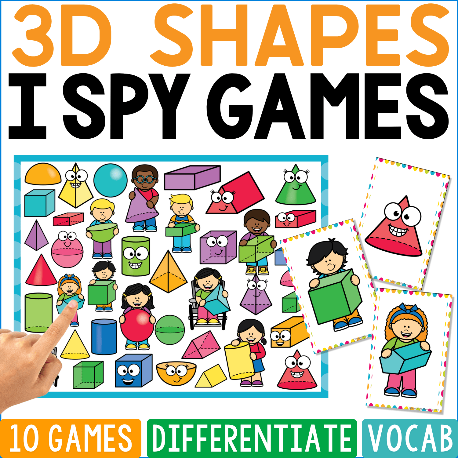 3D Shapes I Spy Games cover where cubes, cylinders, cones, pyramids, spheres, and rectangular prisms appear as colorful solids and character bodies, with a cone monster and a child holding a cylinder featured on the game cards.