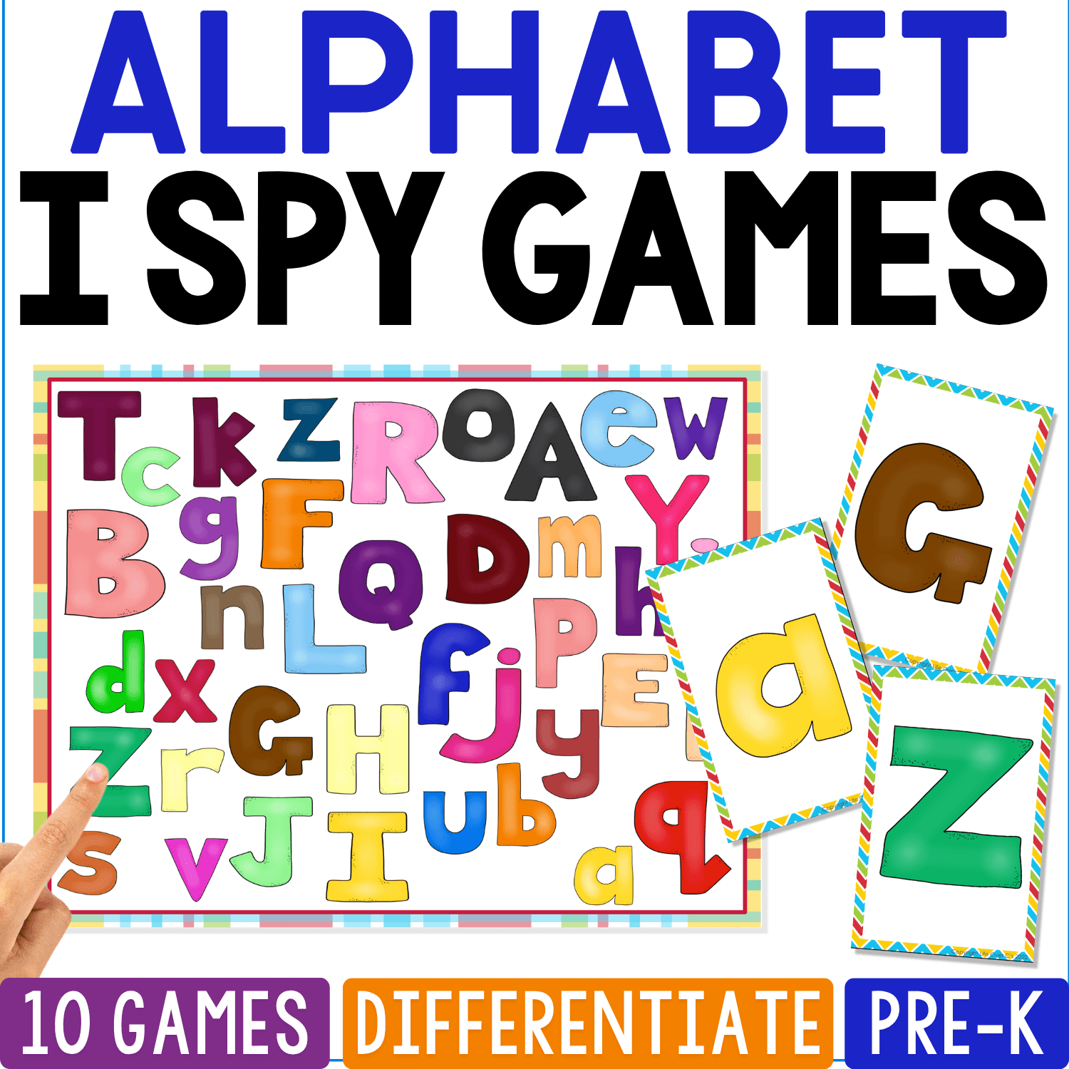 Alphabet I Spy Games cover featuring a crowded assortment of uppercase and lowercase letters in different fonts, sizes, and colors, with oversized G, lowercase d, and Z cards for preschool letter recognition.