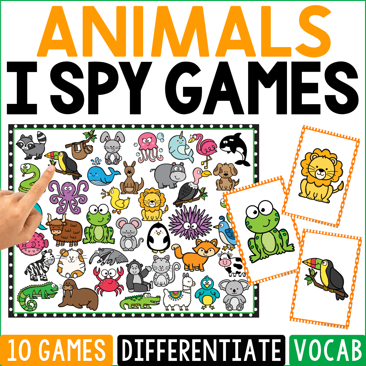 Animals I Spy Games cover packed with cartoon wildlife and pets including a lion, frog, toucan, penguin, octopus, flamingo, zebra, crocodile, cat, and whale, creating a busy animal search-and-find board.