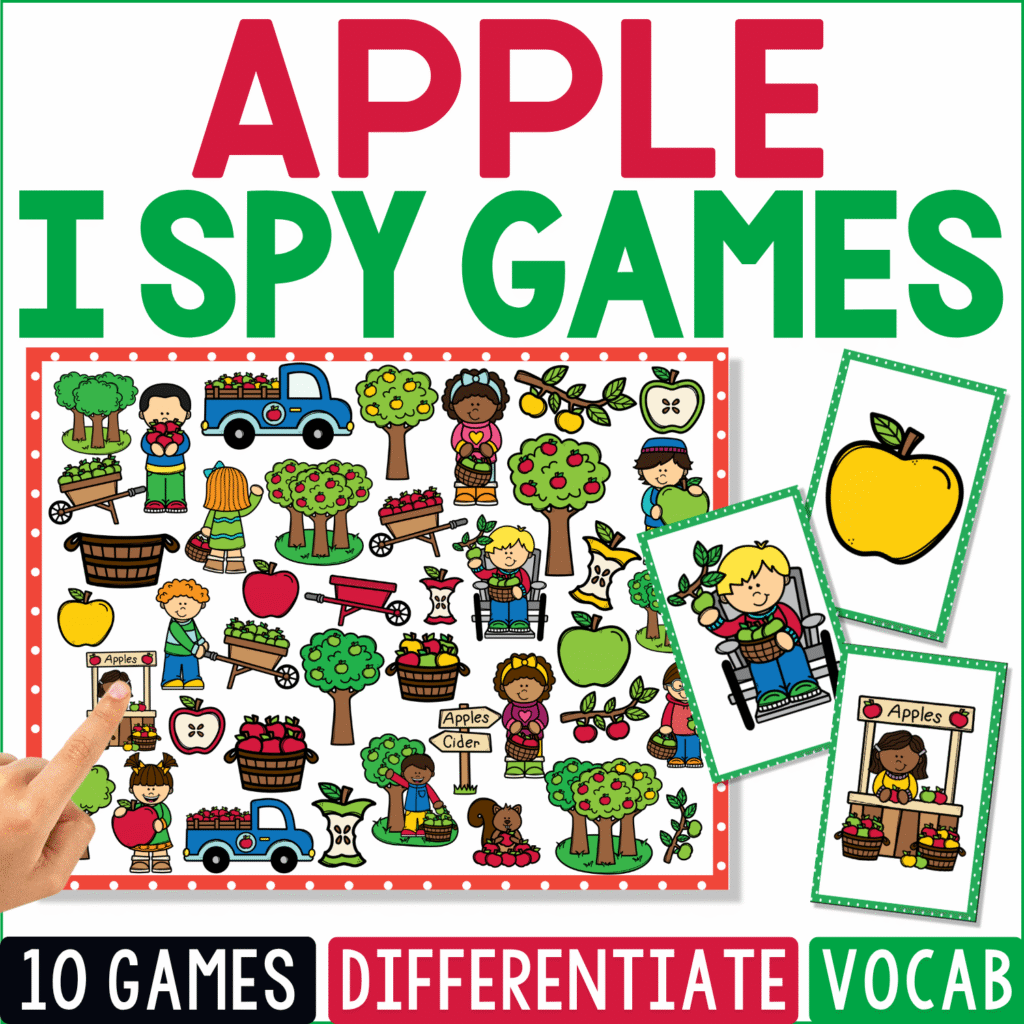 Apple I Spy Games cover centered on an orchard scene with apple trees, baskets of apples, apple slices, apple treats, children picking fruit, a farm truck, and separate yellow apple and apple-stand picture cards.