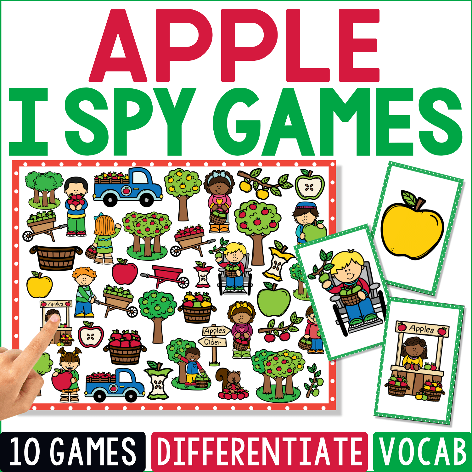 Apple I Spy Games cover centered on an orchard scene with apple trees, baskets of apples, apple slices, apple treats, children picking fruit, a farm truck, and separate yellow apple and apple-stand picture cards.
