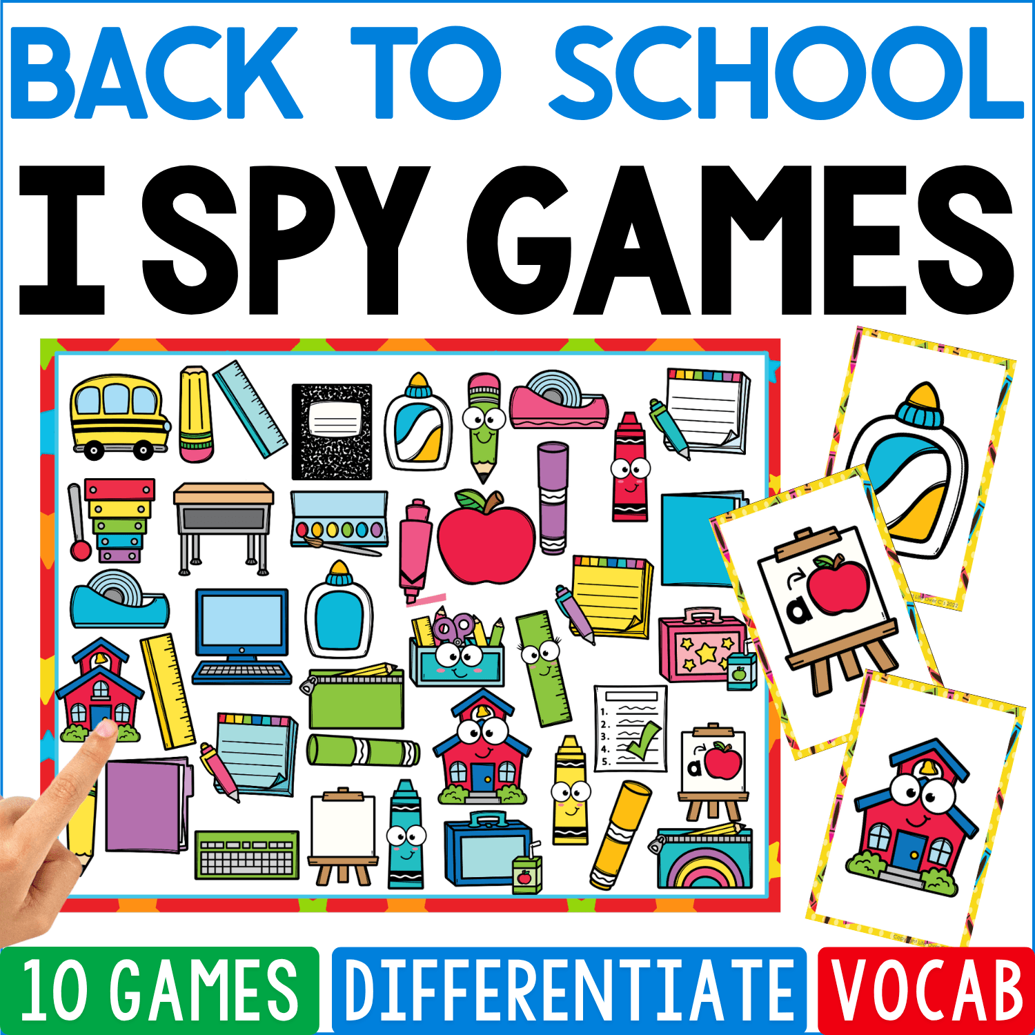 Back to School I Spy Games artwork overflowing with classroom favorites such as a school bus, backpack, glue, crayons, paint, notebooks, computer, desk, apple, easel, schoolhouse, and rainbow for beginning-of-year vocabulary practice.