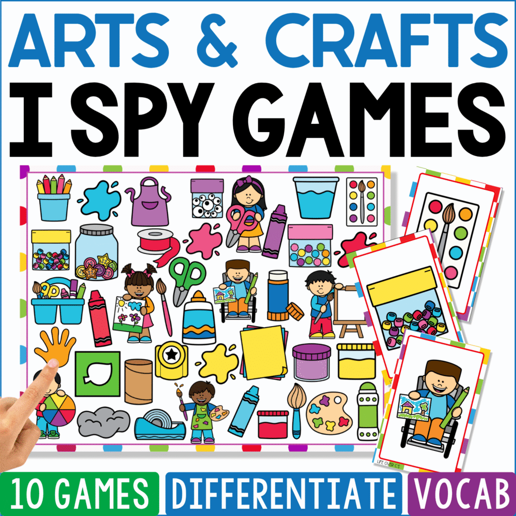 Arts & Crafts I Spy Games cover scattered with paint bottles, pom-poms, beads, scissors, brushes, glue, yarn, markers, craft sticks, palettes, paper, and children making art, alongside paint-palette and crafting-child cards.