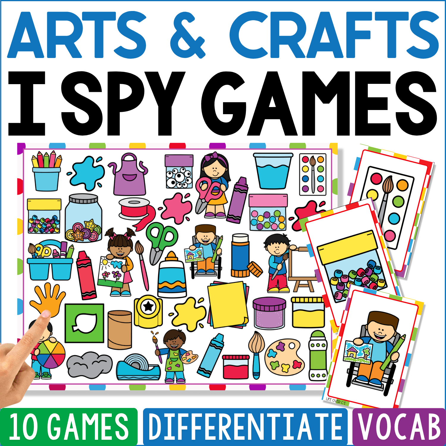 Arts & Crafts I Spy Games cover scattered with paint bottles, pom-poms, beads, scissors, brushes, glue, yarn, markers, craft sticks, palettes, paper, and children making art, alongside paint-palette and crafting-child cards.