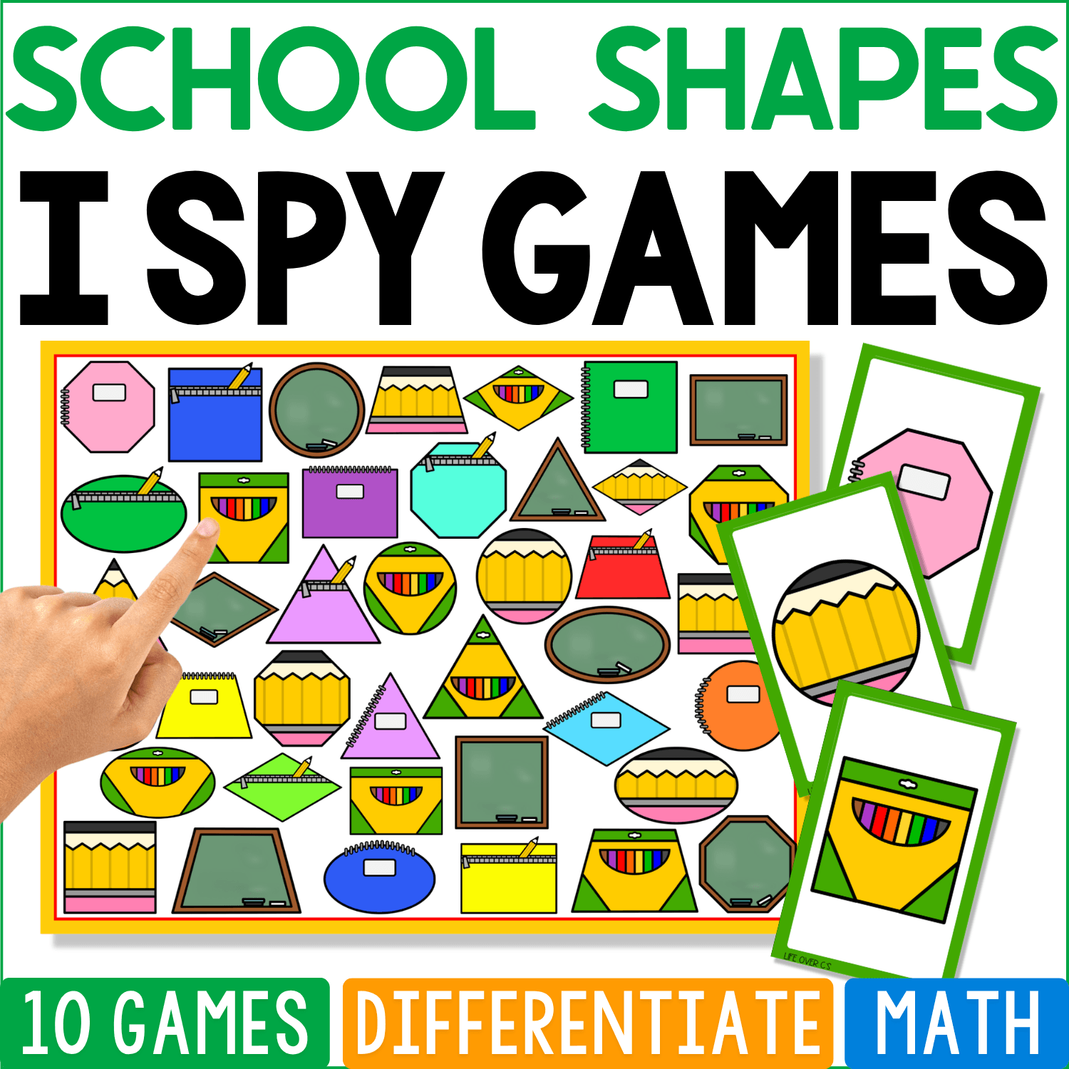 Back to School Shapes I Spy math game cover featuring pencils, crayons, books, chalkboards, pencil cups, and school supplies represented with colorful 2D shapes for shape recognition.
