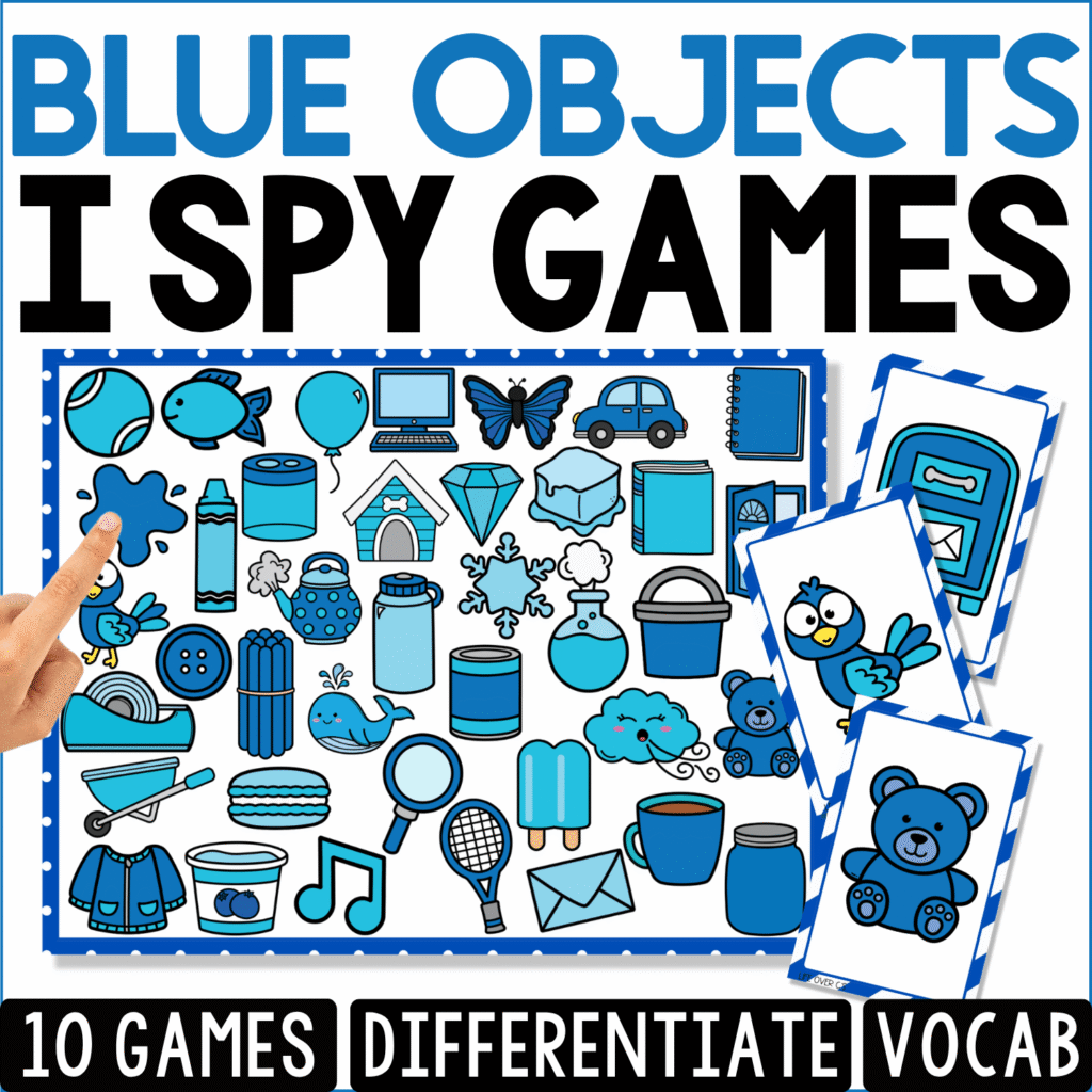 Blue Objects I Spy vocabulary game cover featuring a visual discrimination board with blue objects including a balloon, butterfly, car, teddy bear, book, fish, ball, cup, popsicle, and paper airplane.