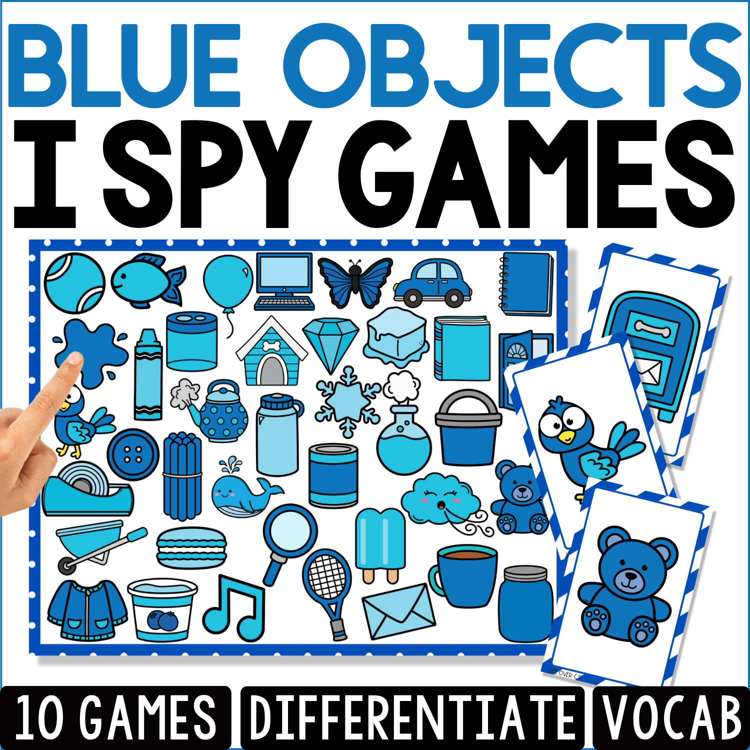 Blue Objects I Spy vocabulary game cover featuring a visual discrimination board with blue objects including a balloon, butterfly, car, teddy bear, book, fish, ball, cup, popsicle, and paper airplane.