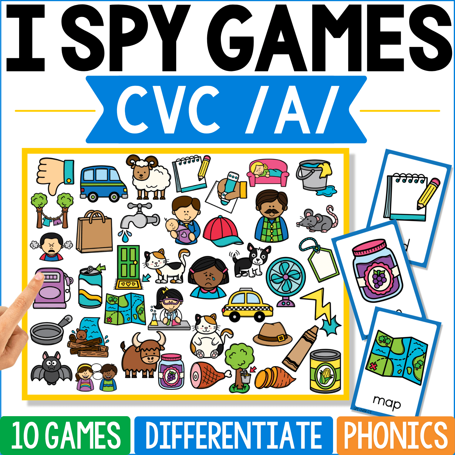 CVC /A/ I Spy Games phonics cover featuring short A picture clues such as van, ram, bag, cap, bat, map, fan, can, and cat, with map, notepad, and other individual cards pulled from the busy word-picture board.