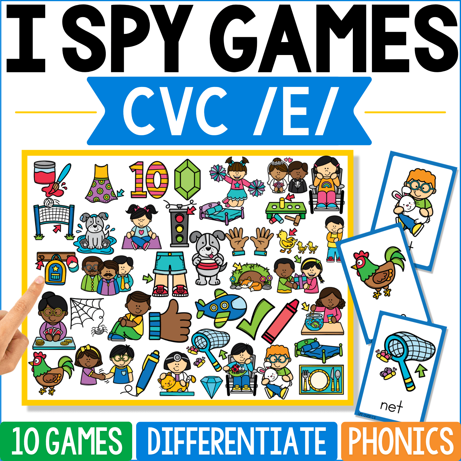 CVC /E/ I Spy Games cover with short E vocabulary including net, hen, bed, web, leg, red, jet, pen, and vet pictured among children and objects, with “net” shown on one of the featured phonics cards.