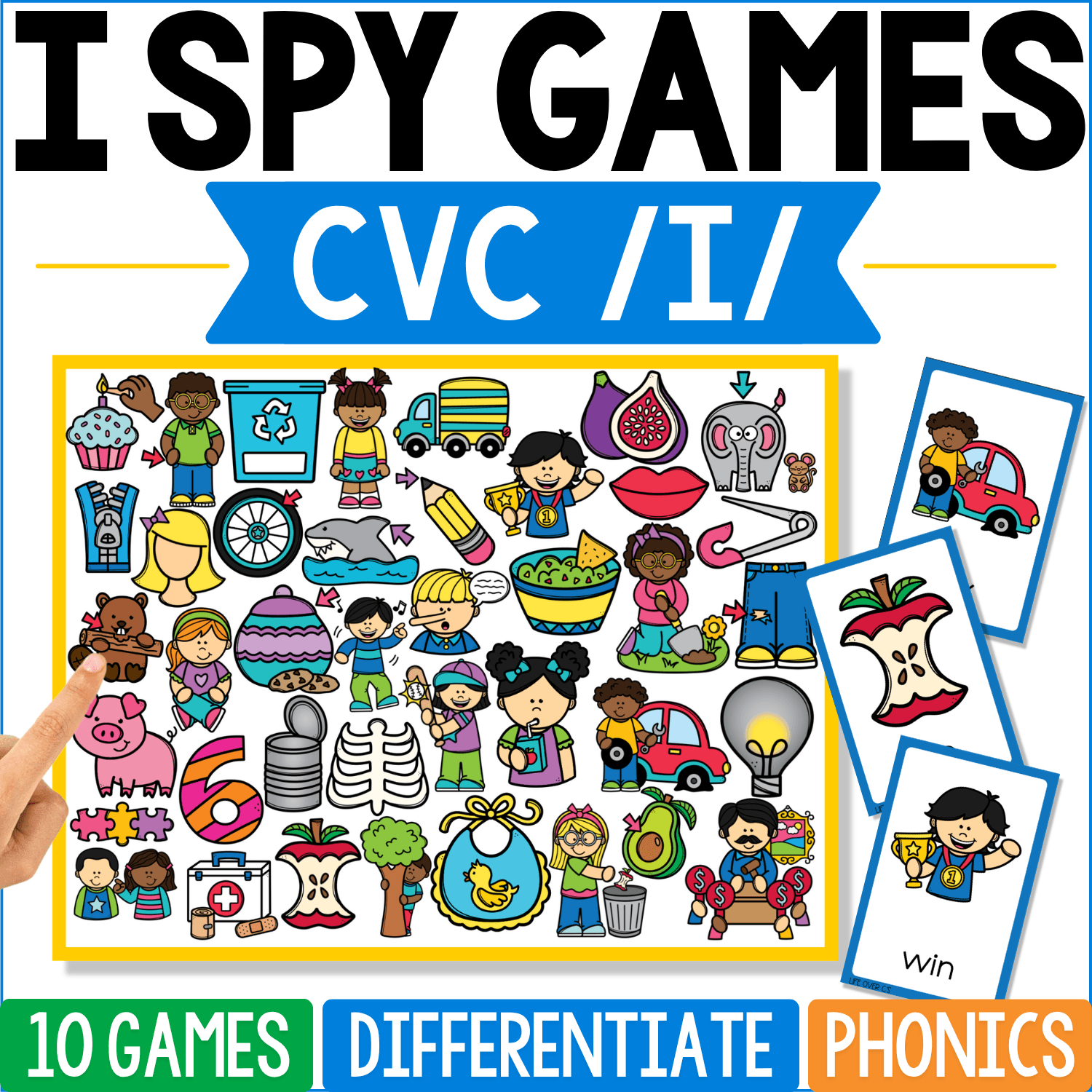 CVC /I/ I Spy phonics cover mixing picture clues such as pig, wig, fin, pin, bib, sit, kid, lip, and win across a colorful search board, with “win” displayed beneath one of the separate game cards.