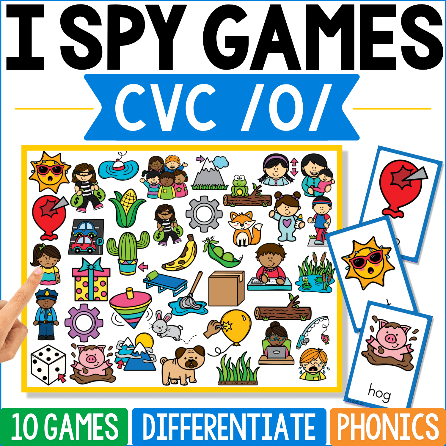 CVC /O/ I Spy Games artwork includes short O images such as hog, log, dog, pot, box, fox, top, mop, and hot, with hog and sun character cards extending from the side of the phonics board.