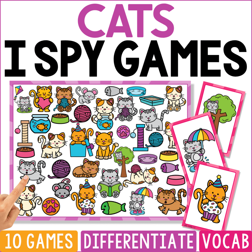 Cats I Spy Games cover featuring dozens of cats in different poses alongside yarn balls, fish bowls, trees, cat beds, scratching items, pet dishes, and playful kitten scenes, with umbrella cat and party cat cards beside the board.
