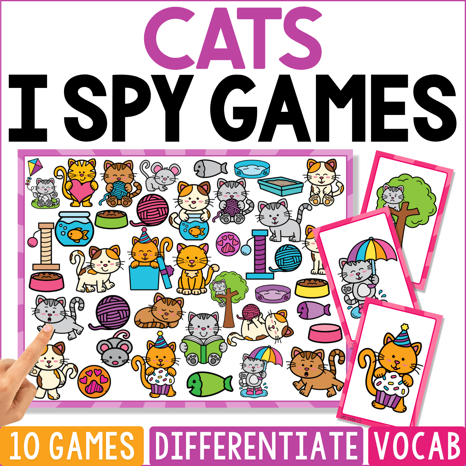 Cats I Spy Games cover featuring dozens of cats in different poses alongside yarn balls, fish bowls, trees, cat beds, scratching items, pet dishes, and playful kitten scenes, with umbrella cat and party cat cards beside the board.