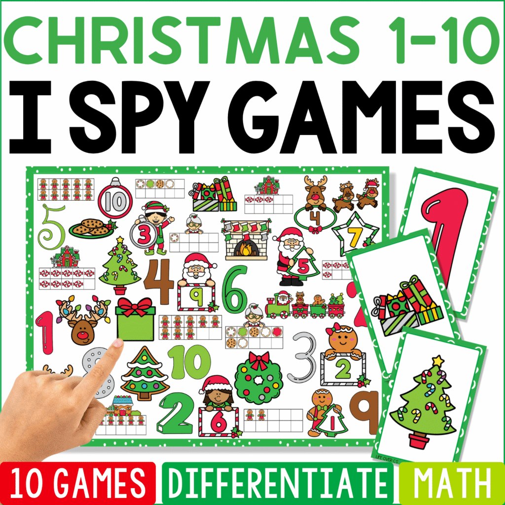 Christmas Counting 1-10 I Spy math game cover featuring numerals, ten frames, Christmas trees, presents, Santa, elves, reindeer, ornaments, cookies, and holiday counting pictures.