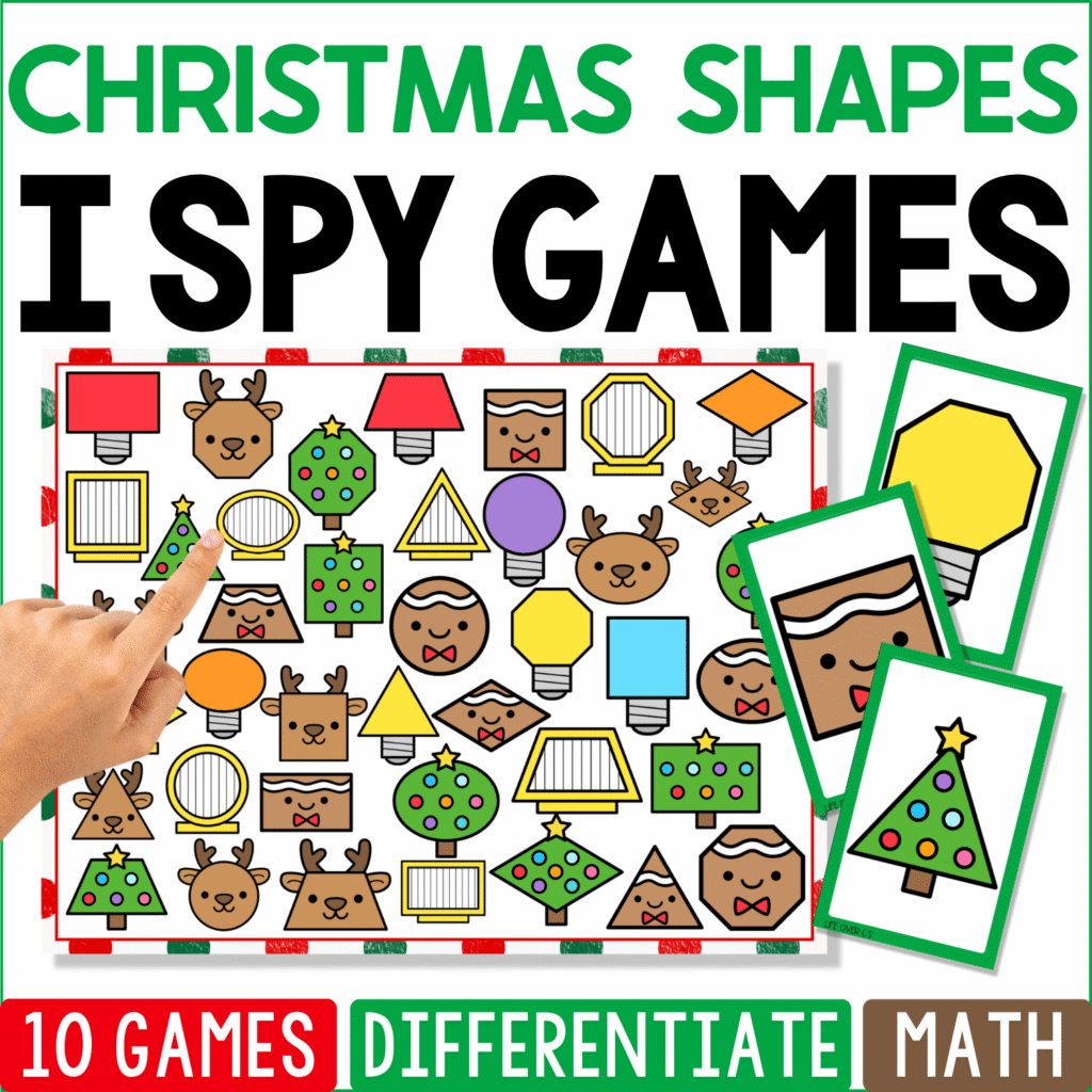 Christmas Shapes I Spy math game cover featuring reindeer, Christmas trees, ornaments, lights, gifts, and holiday pictures made with circles, triangles, rectangles, squares, and other 2D shapes.