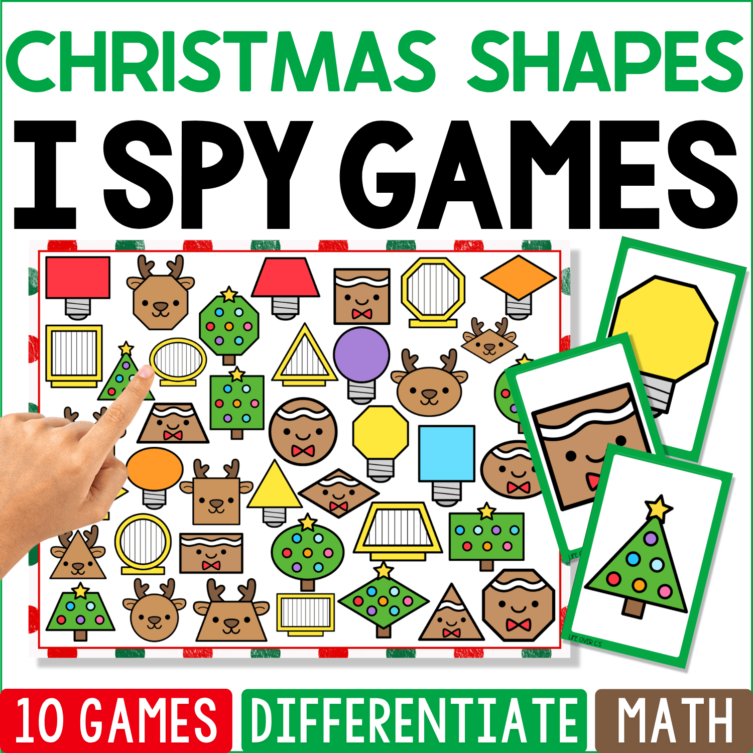 Christmas Shapes I Spy math game cover featuring reindeer, Christmas trees, ornaments, lights, gifts, and holiday pictures made with circles, triangles, rectangles, squares, and other 2D shapes.
