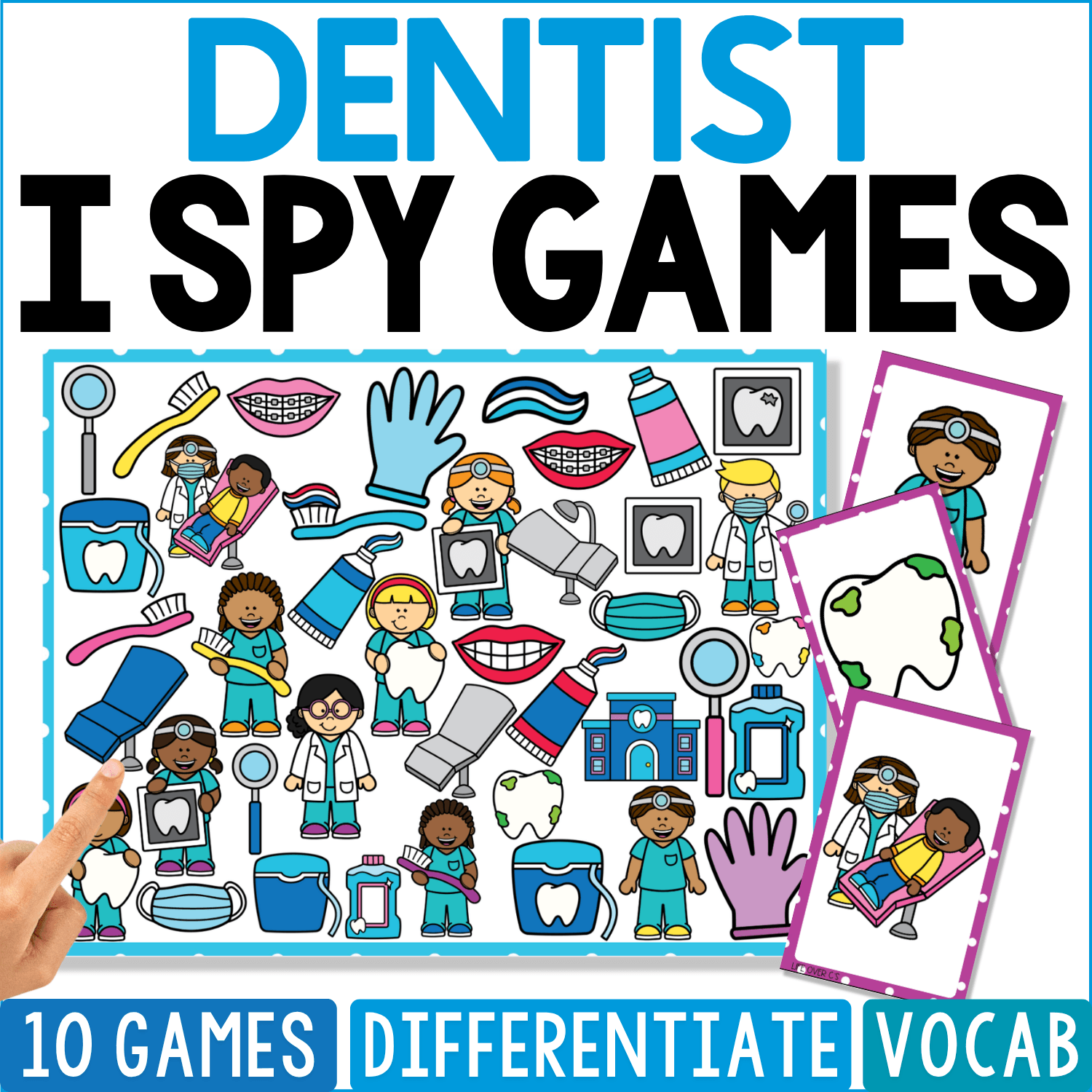 Dentist I Spy Games cover combines smiling dentists and patients with toothbrushes, toothpaste, floss, gloves, dental mirrors, braces, tooth X-rays, chairs, and oversized teeth, including a child in a dental chair on a separate card.