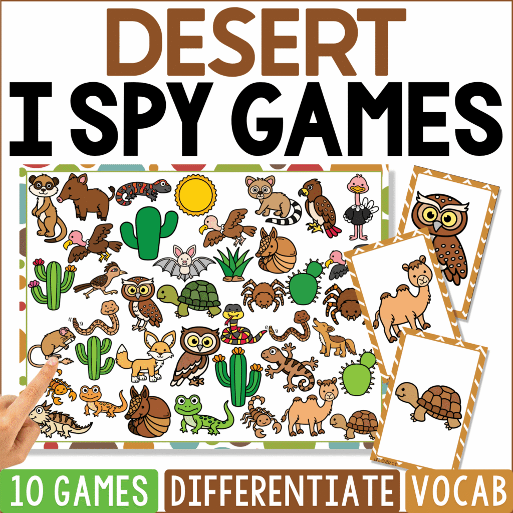 Desert I Spy Games artwork shows a sandy habitat crowded with cacti, tortoises, owls, snakes, lizards, coyotes, rabbits, scorpions, camels, desert birds, and bright suns, with owl and tortoise clue cards at the side.