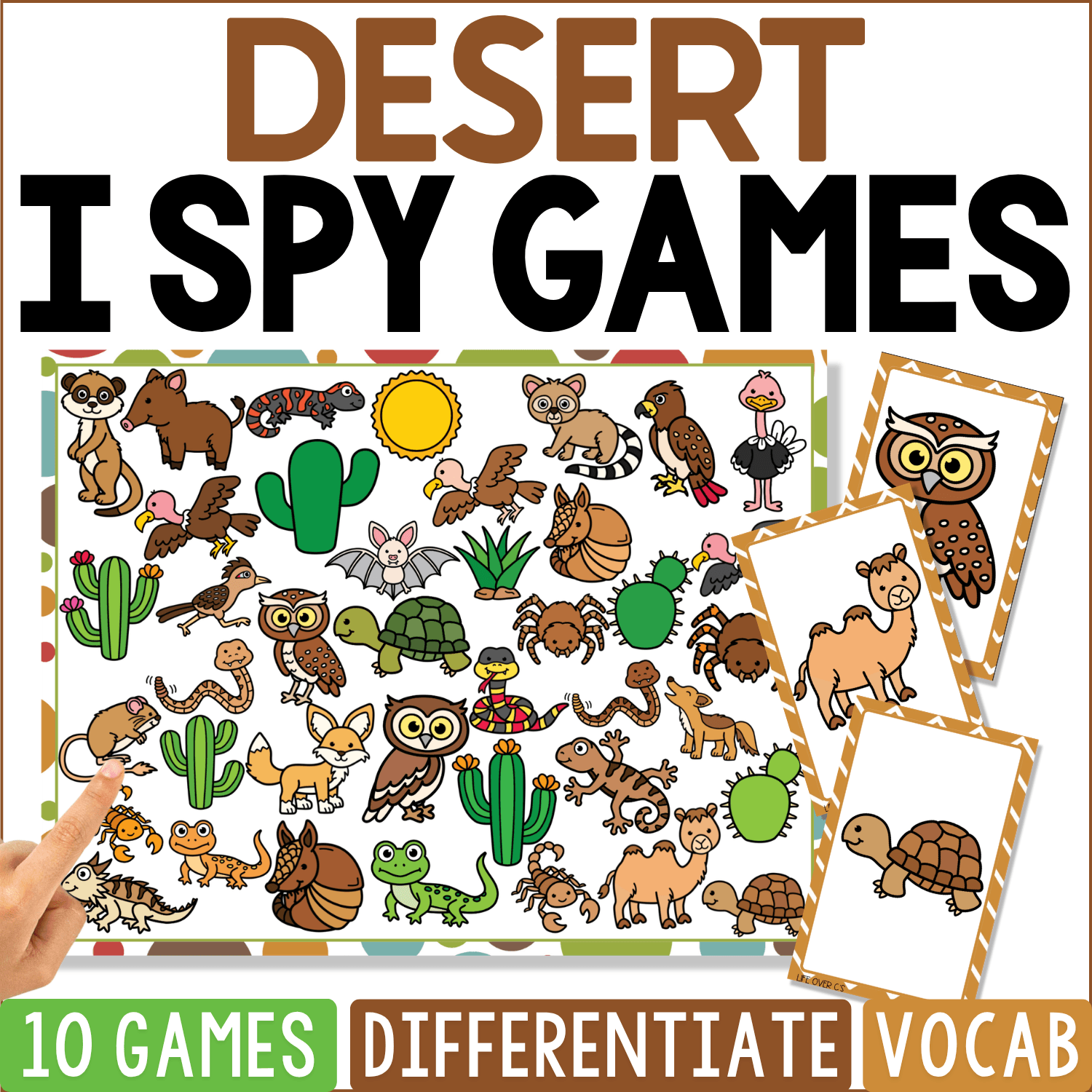 Desert I Spy Games artwork shows a sandy habitat crowded with cacti, tortoises, owls, snakes, lizards, coyotes, rabbits, scorpions, camels, desert birds, and bright suns, with owl and tortoise clue cards at the side.