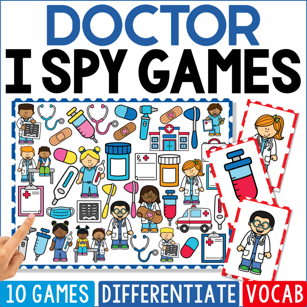 Doctor I Spy Games cover resembles a colorful medical supply search board with doctors, nurses, ambulances, syringes, medicine bottles, bandages, thermometers, crutches, X-rays, stethoscopes, hospital buildings, and first-aid symbols.