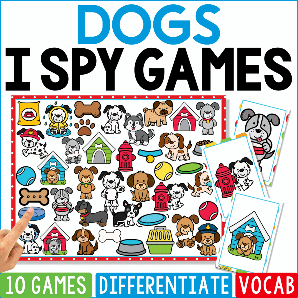 Dogs I Spy Games cover features many breeds and puppies surrounded by bones, bowls, doghouses, toys, fire hydrants, grooming supplies, collars, and balls, with individual dog portraits displayed as matching cards.