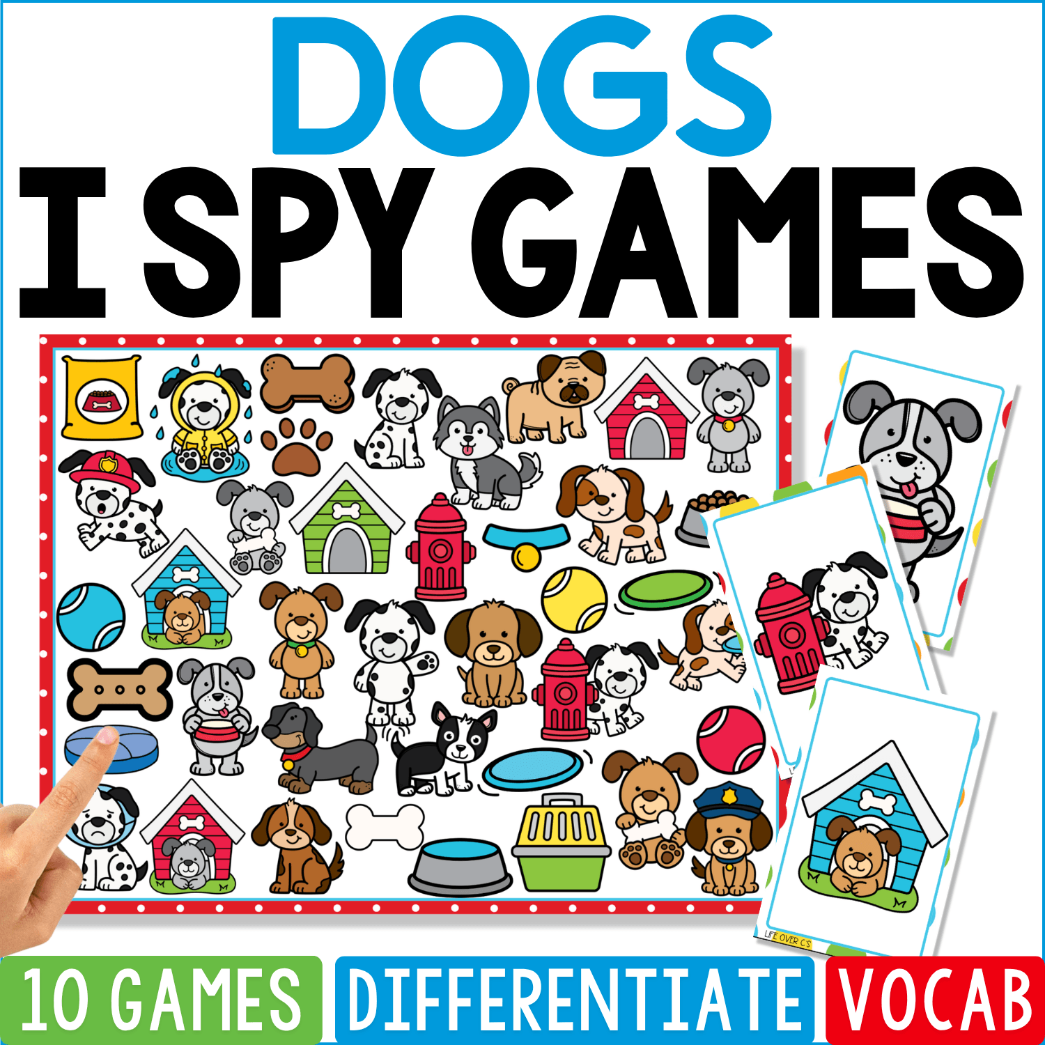 Dogs I Spy Games cover features many breeds and puppies surrounded by bones, bowls, doghouses, toys, fire hydrants, grooming supplies, collars, and balls, with individual dog portraits displayed as matching cards.