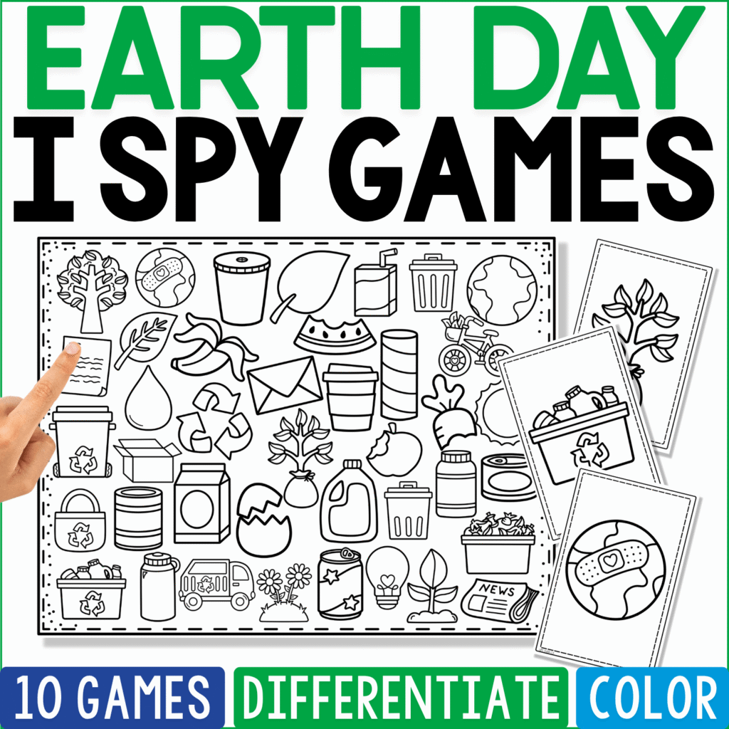 Earth Day I Spy Games coloring cover uses black-and-white line art of recycling bins, reusable bottles, plants, newspapers, cans, jars, leaves, trees, Earth globes, and repurposed containers for a printable environmental vocabulary activity.