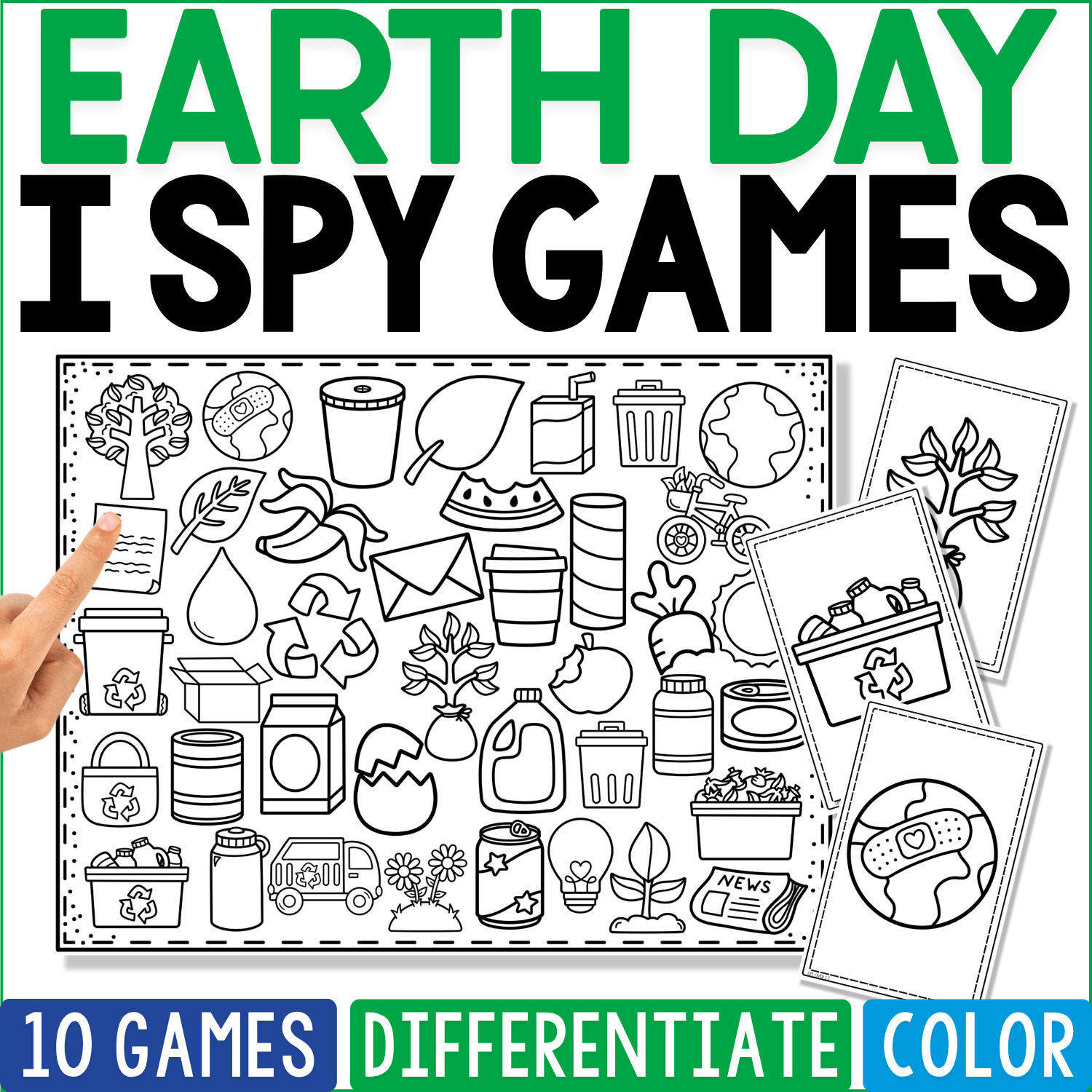Earth Day I Spy Games coloring cover uses black-and-white line art of recycling bins, reusable bottles, plants, newspapers, cans, jars, leaves, trees, Earth globes, and repurposed containers for a printable environmental vocabulary activity.
